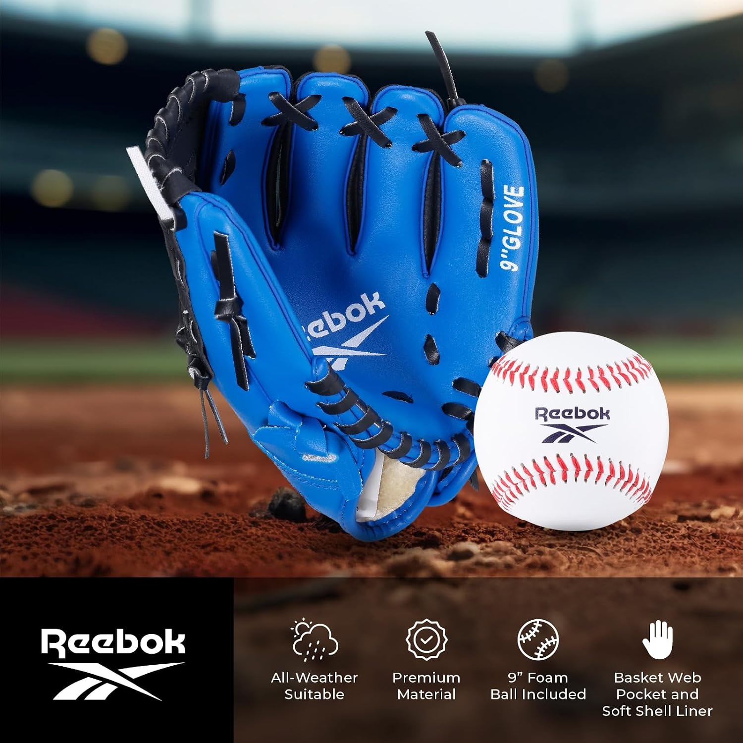 image:imageReebok Youth Baseball Glove Set 9Inch Kids Sports Glove with Foam Ball Training Mitt for Beginners Practice amp Backyard PlayBlue