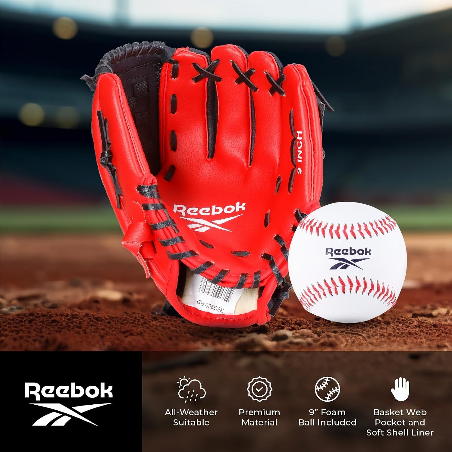 image:imageReebok Youth Baseball Glove Set 9Inch Kids Sports Glove with Foam Ball Training Mitt for Beginners Practice amp Backyard PlayRed