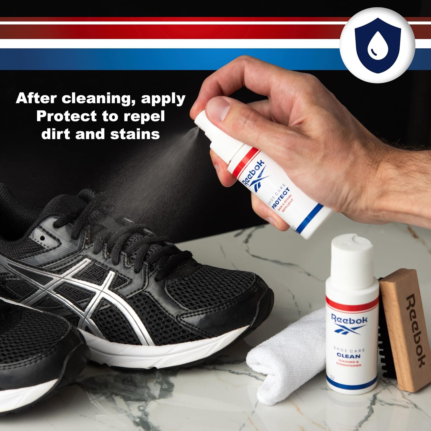 image:imageReebok Athletic Kit Shoe Cleaner Kit for Sneakers Mesh Leather Suede and Canvas Shoe Cleaning Kit Includes 2oz Shoes Cleaner 2oz Shoe Protector Spray Premium Shoe Brush and Microfiber Cloth