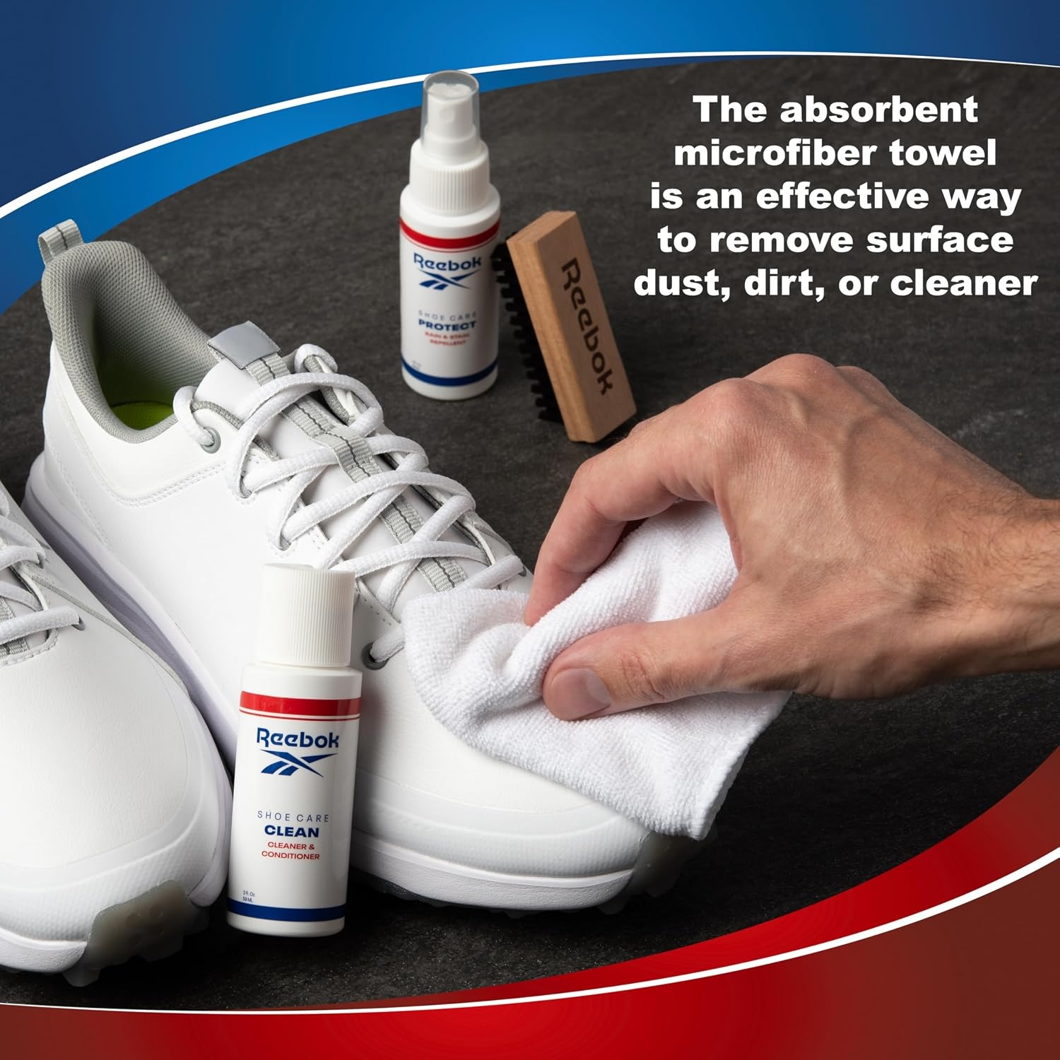 image:imageReebok Athletic Kit Shoe Cleaner Kit for Sneakers Mesh Leather Suede and Canvas Shoe Cleaning Kit Includes 2oz Shoes Cleaner 2oz Shoe Protector Spray Premium Shoe Brush and Microfiber Cloth