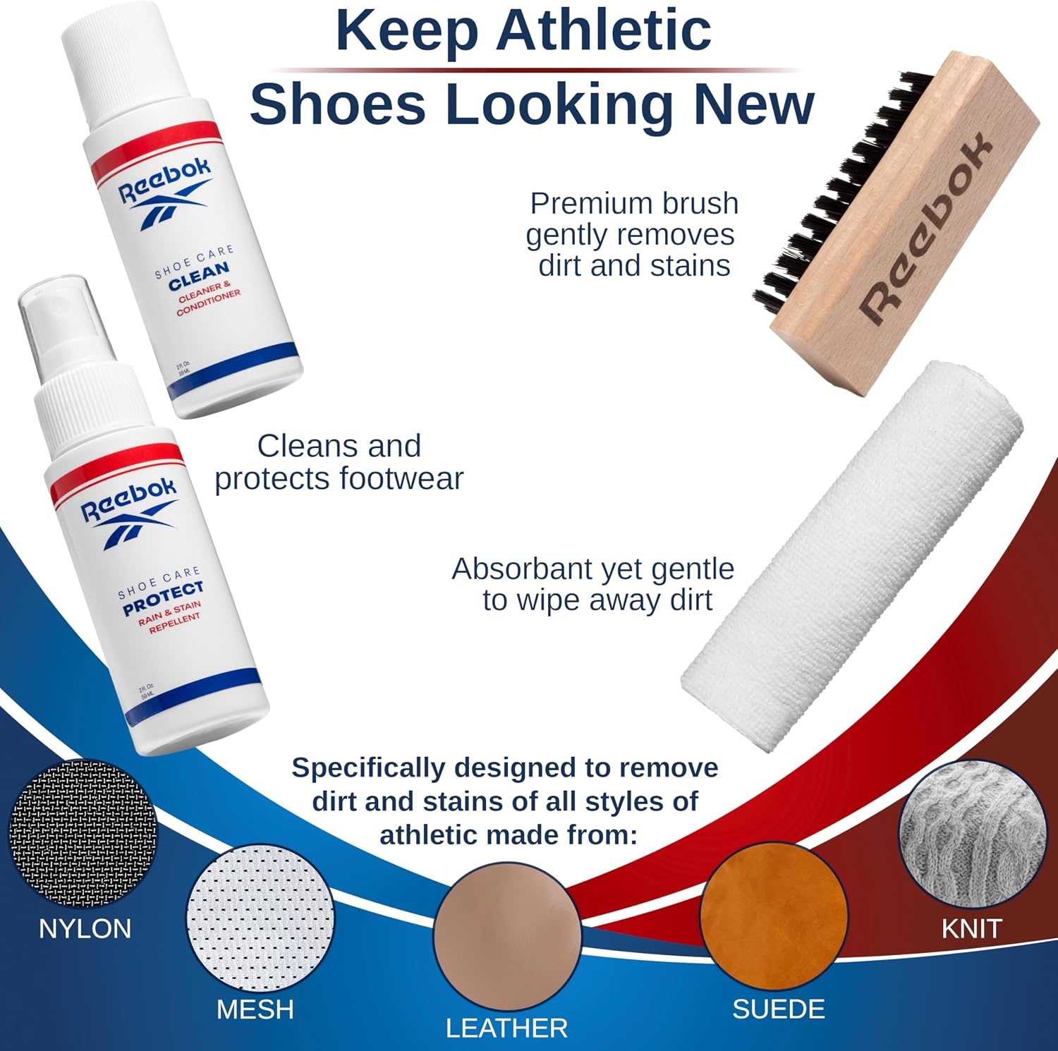 image:imageReebok Athletic Kit Shoe Cleaner Kit for Sneakers Mesh Leather Suede and Canvas Shoe Cleaning Kit Includes 2oz Shoes Cleaner 2oz Shoe Protector Spray Premium Shoe Brush and Microfiber Cloth