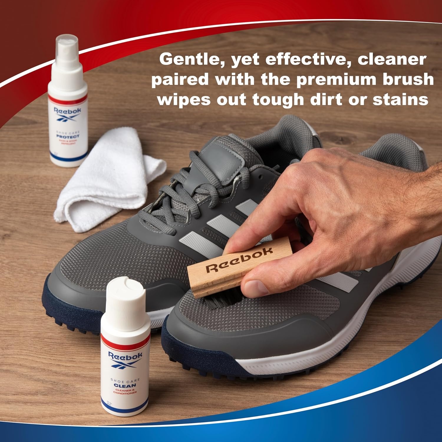 image:imageReebok Athletic Kit Shoe Cleaner Kit for Sneakers Mesh Leather Suede and Canvas Shoe Cleaning Kit Includes 2oz Shoes Cleaner 2oz Shoe Protector Spray Premium Shoe Brush and Microfiber Cloth