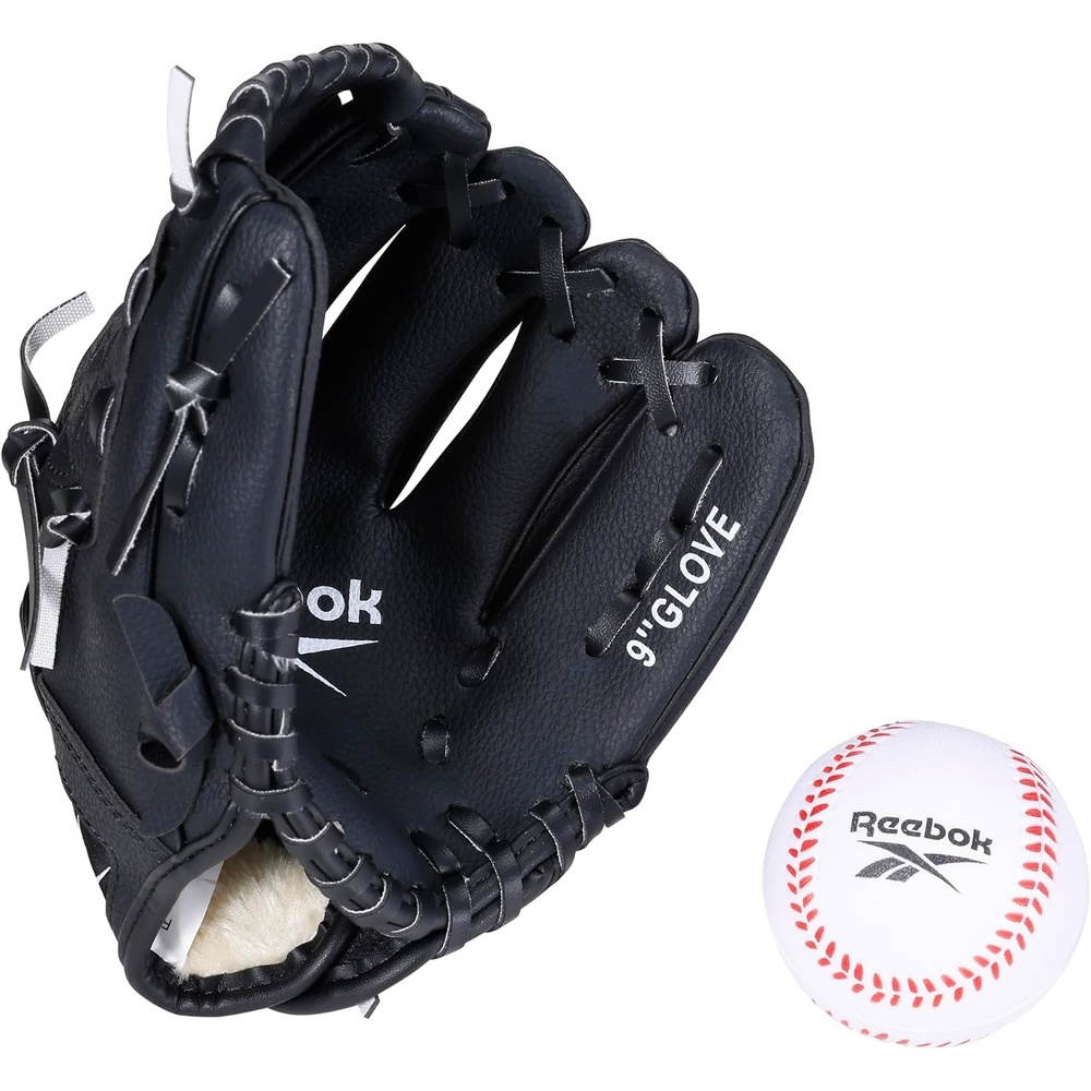 image:imageReebok Youth Baseball Glove Set 9Inch Kids Sports Glove with Foam Ball Training Mitt for Beginners Practice amp Backyard PlayBlack