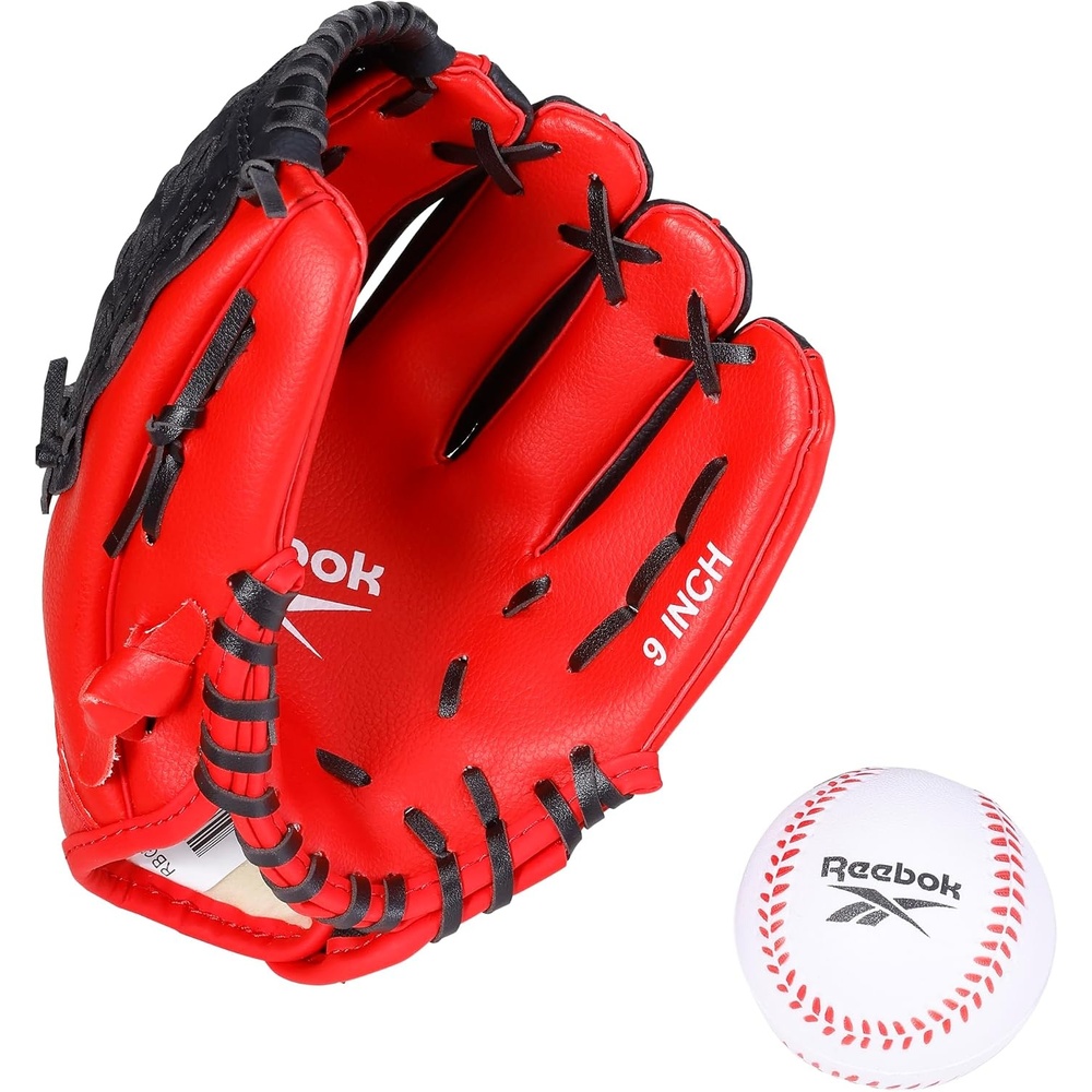 image:imageReebok Youth Baseball Glove Set 9Inch Kids Sports Glove with Foam Ball Training Mitt for Beginners Practice amp Backyard PlayRed