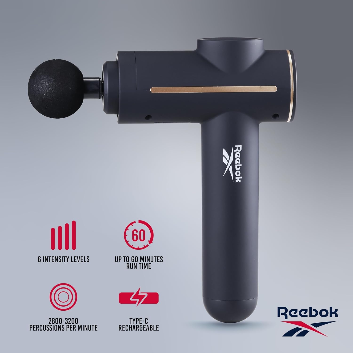 image:imageReebok Deep Tissue Massage Gun with Multiple Heads and Speed Settings 4 Attachments Cordless Operation Deep Tissue Relief Percussion Therapy Full Body Recovery