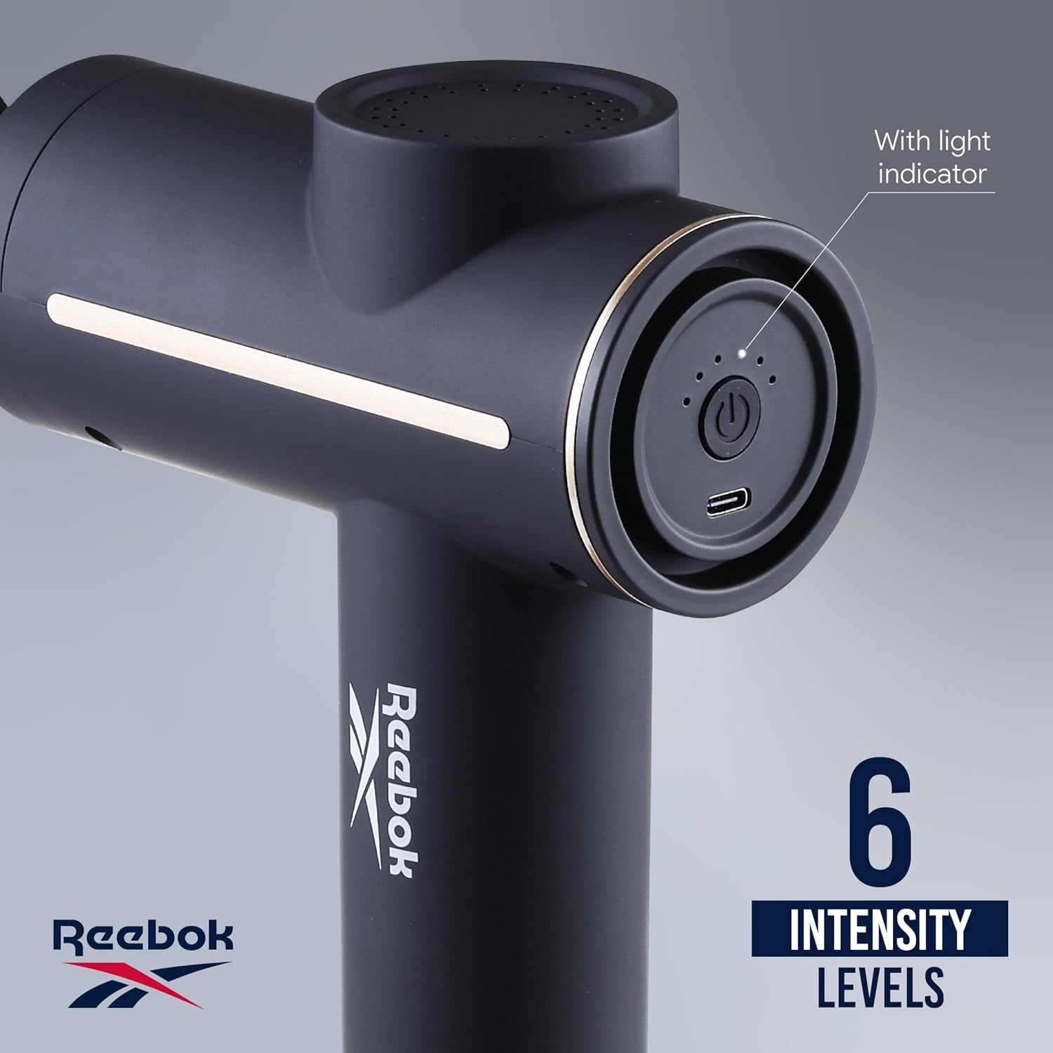 image:imageReebok Deep Tissue Massage Gun with Multiple Heads and Speed Settings 4 Attachments Cordless Operation Deep Tissue Relief Percussion Therapy Full Body Recovery