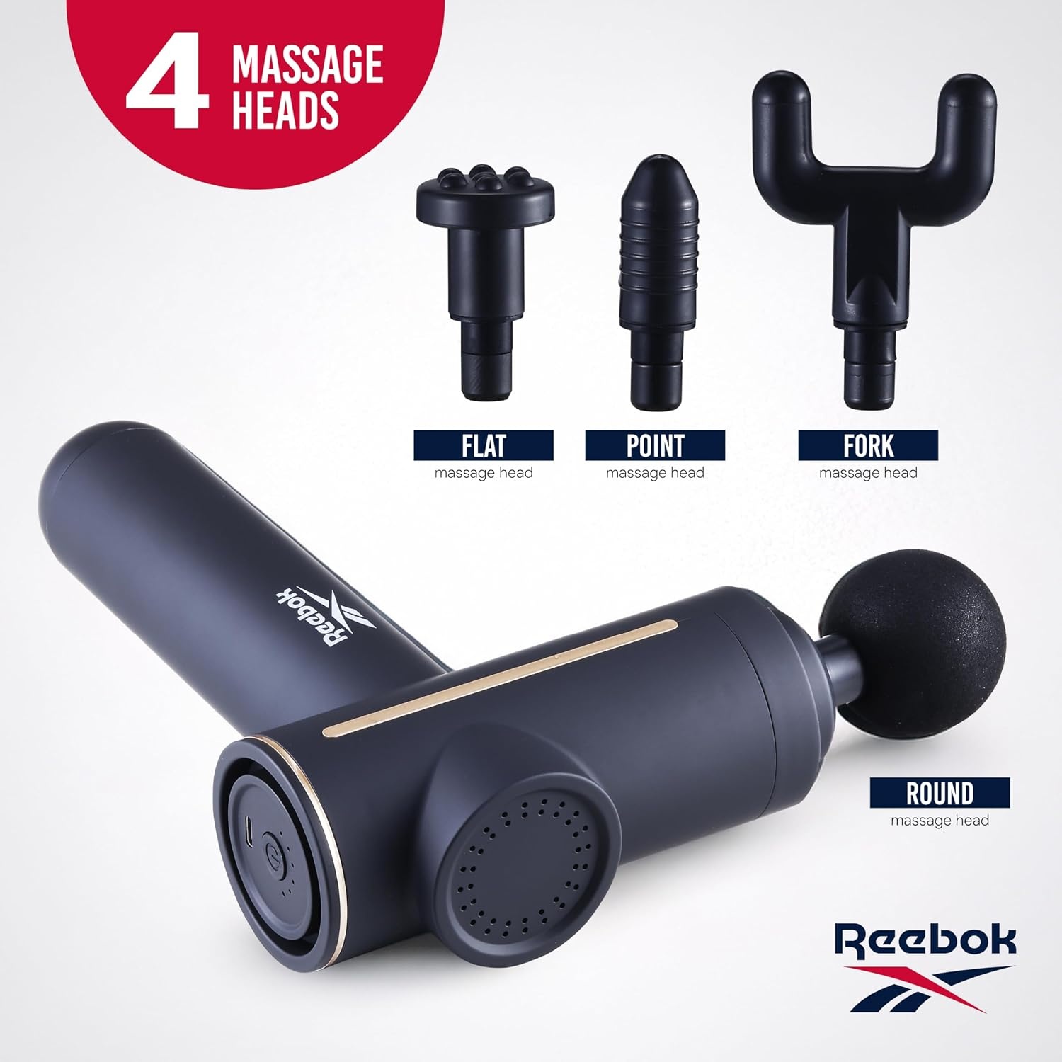 image:imageReebok Deep Tissue Massage Gun with Multiple Heads and Speed Settings 4 Attachments Cordless Operation Deep Tissue Relief Percussion Therapy Full Body Recovery