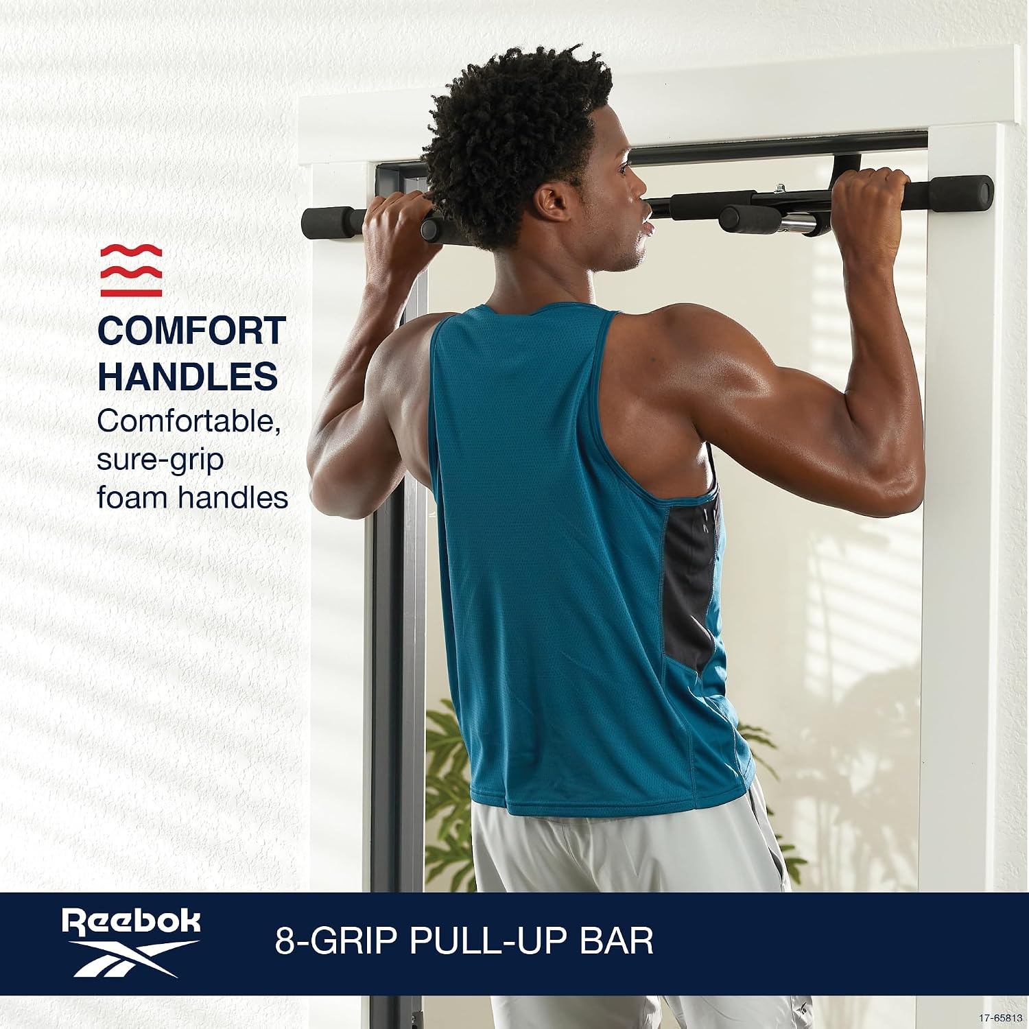 image:imageReebok 8Grip PullUp Bar MultiFunction Door Frame DoorMount PullUp Bar 8 Grip Positions FoamPadded Handles Upper Body Strength No Installation Required