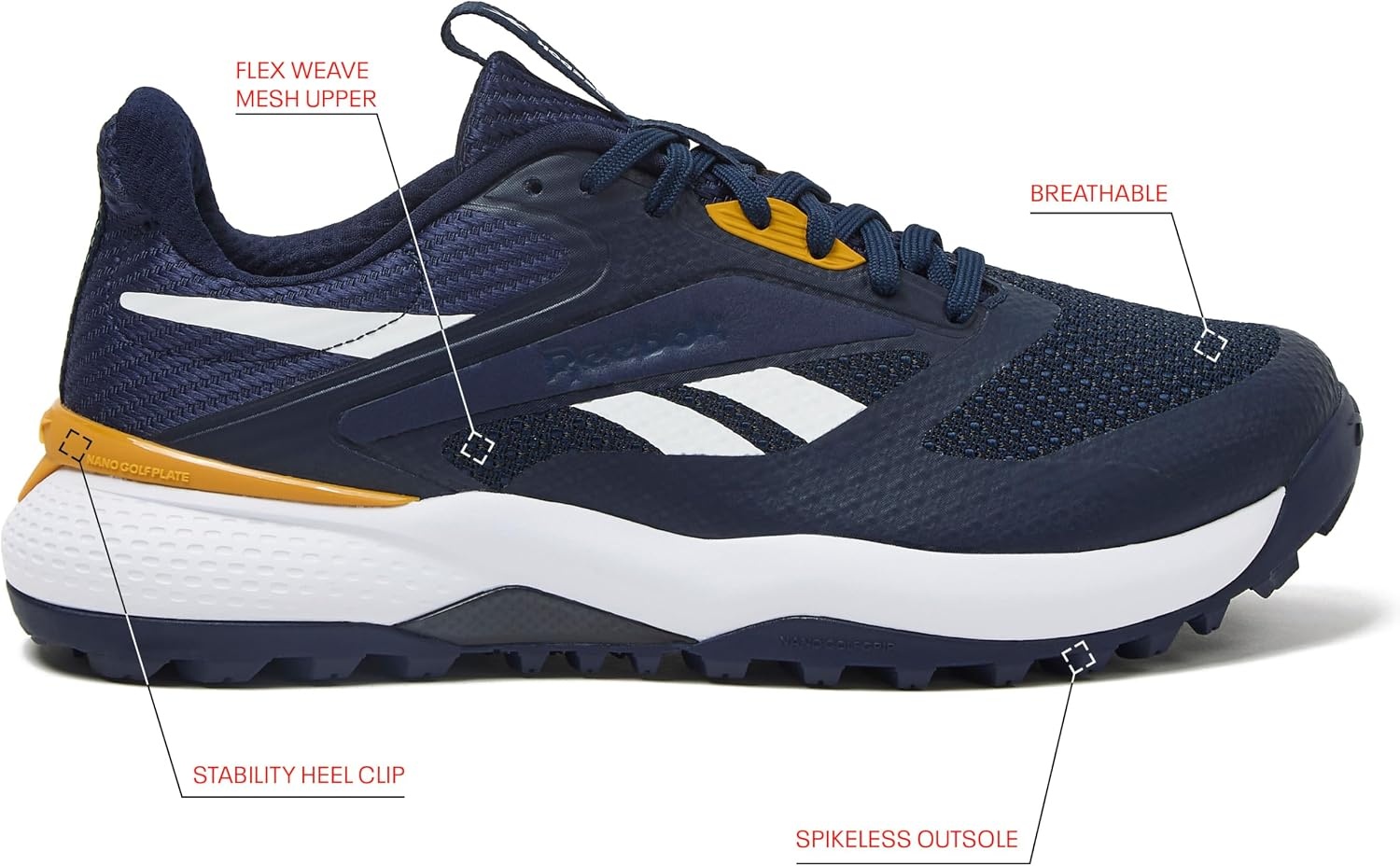 image:imageReebok Nano Golf Spikeless Mens Golf ShoesVector NavyGrit GoldFootwear White