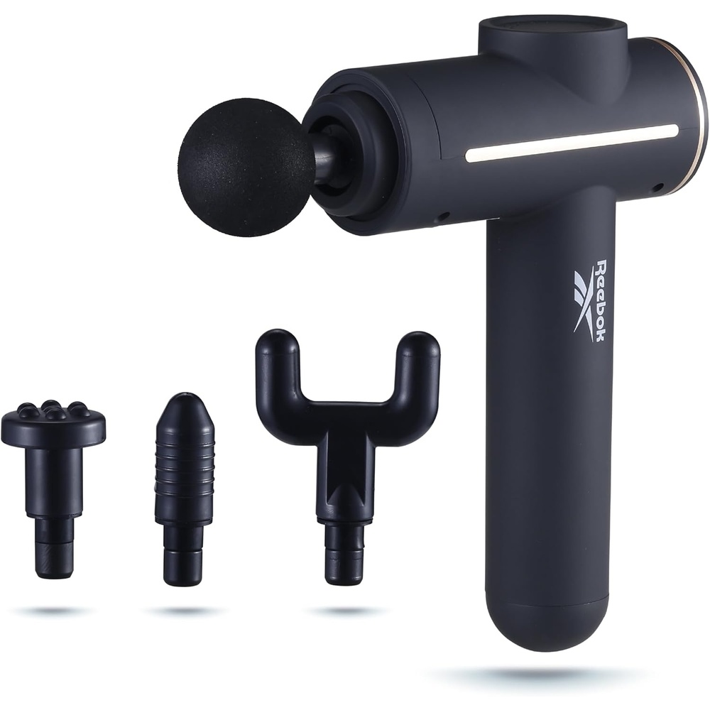 image:imageReebok Deep Tissue Massage Gun with Multiple Heads and Speed Settings 4 Attachments Cordless Operation Deep Tissue Relief Percussion Therapy Full Body Recovery