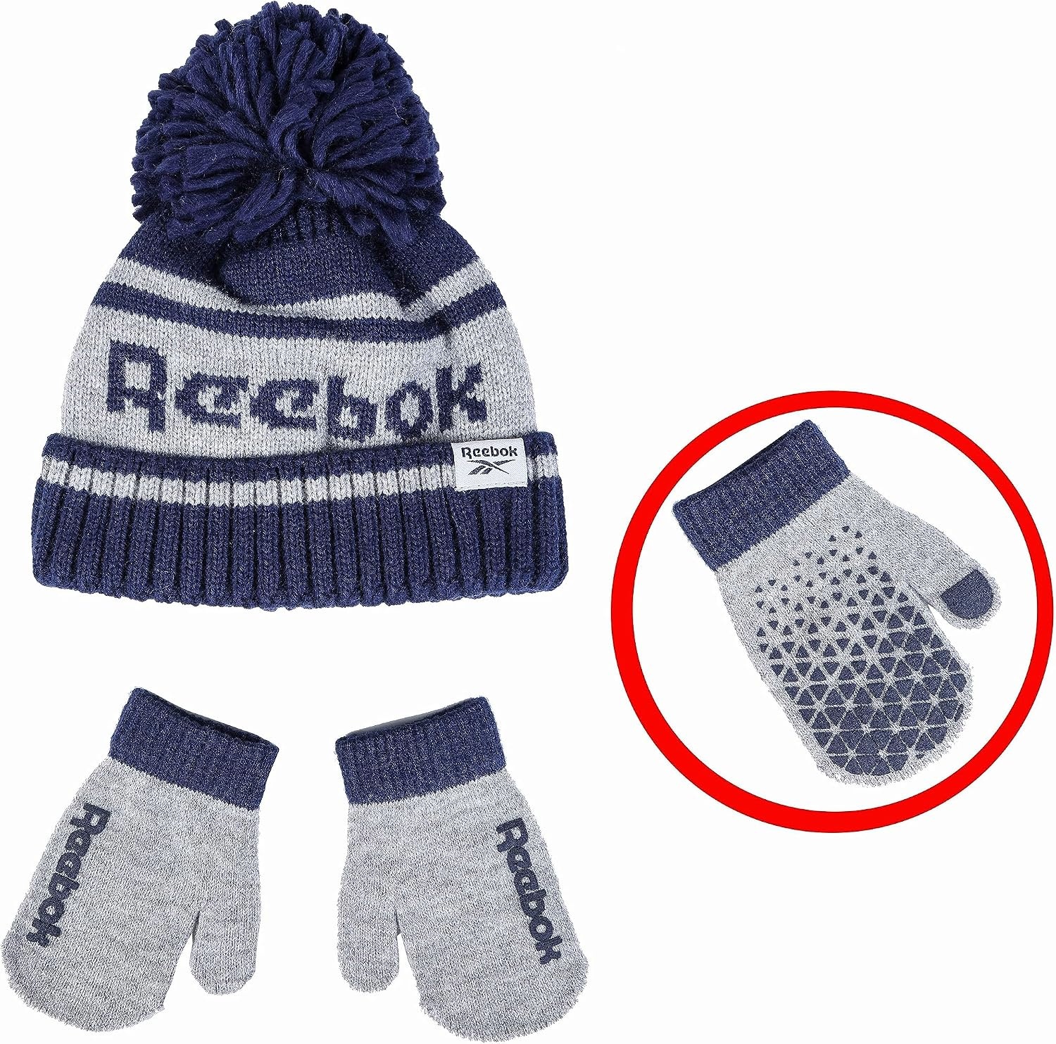 image:imageReebok 2Piece BabyToddler Winter Hat and Gripped Mittens Knitted Pom Beanie amp AntiSlip Gloves Cold Weather AccessoriesVector NavyLight Gray