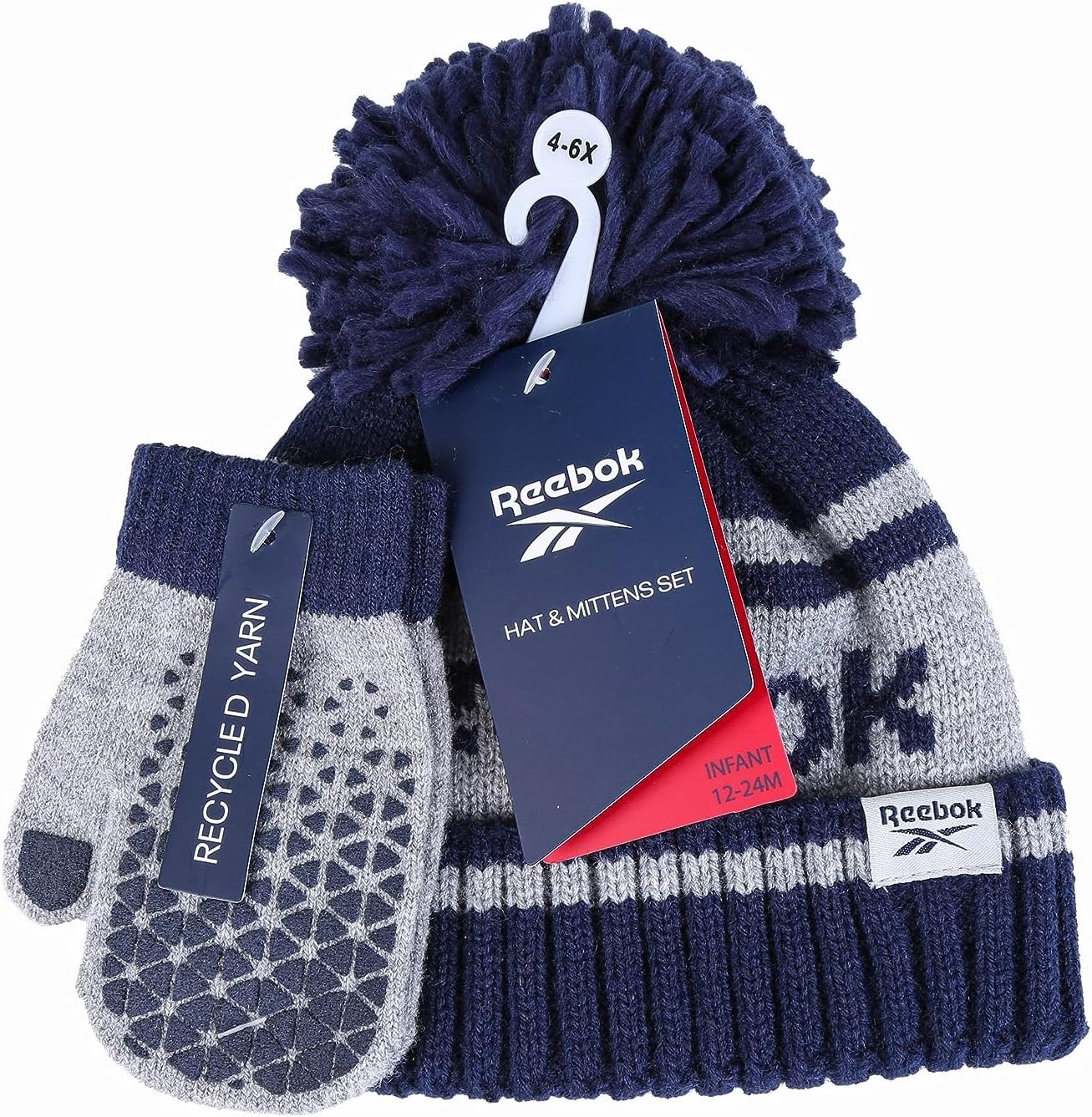 image:imageReebok 2Piece BabyToddler Winter Hat and Gripped Mittens Knitted Pom Beanie amp AntiSlip Gloves Cold Weather AccessoriesVector NavyLight Gray
