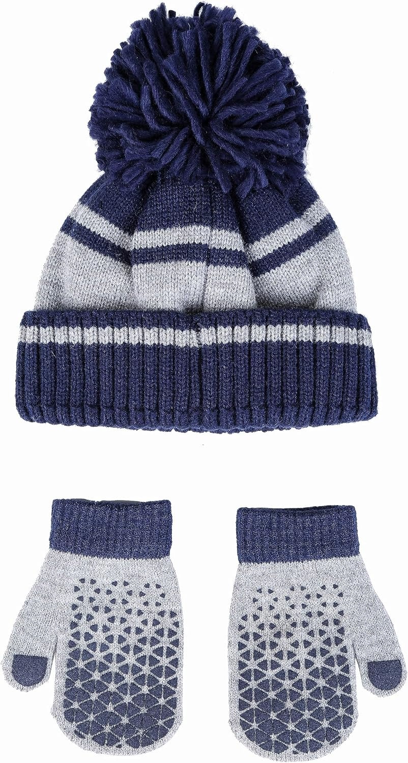 image:imageReebok 2Piece BabyToddler Winter Hat and Gripped Mittens Knitted Pom Beanie amp AntiSlip Gloves Cold Weather AccessoriesVector NavyLight Gray