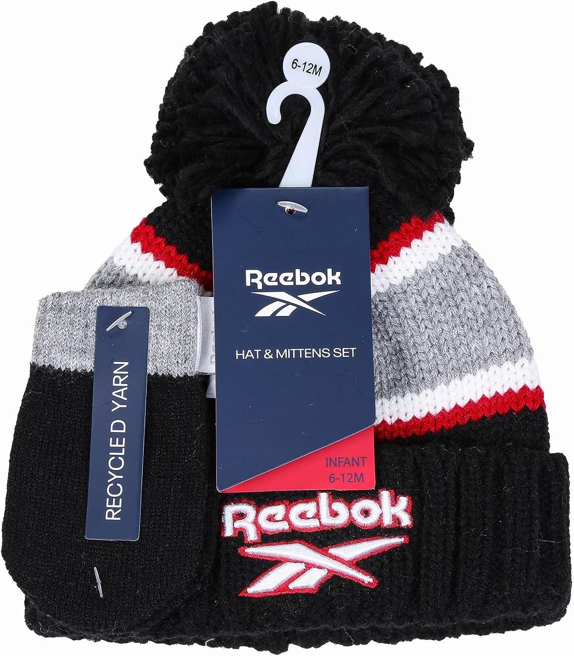 image:imageReebok 2Piece BabyToddler Winter Hat and Mittens Set Warm Knitted Pom Beanie amp Gloves Kids Cozy Cold Weather AccessoriesBlackRed