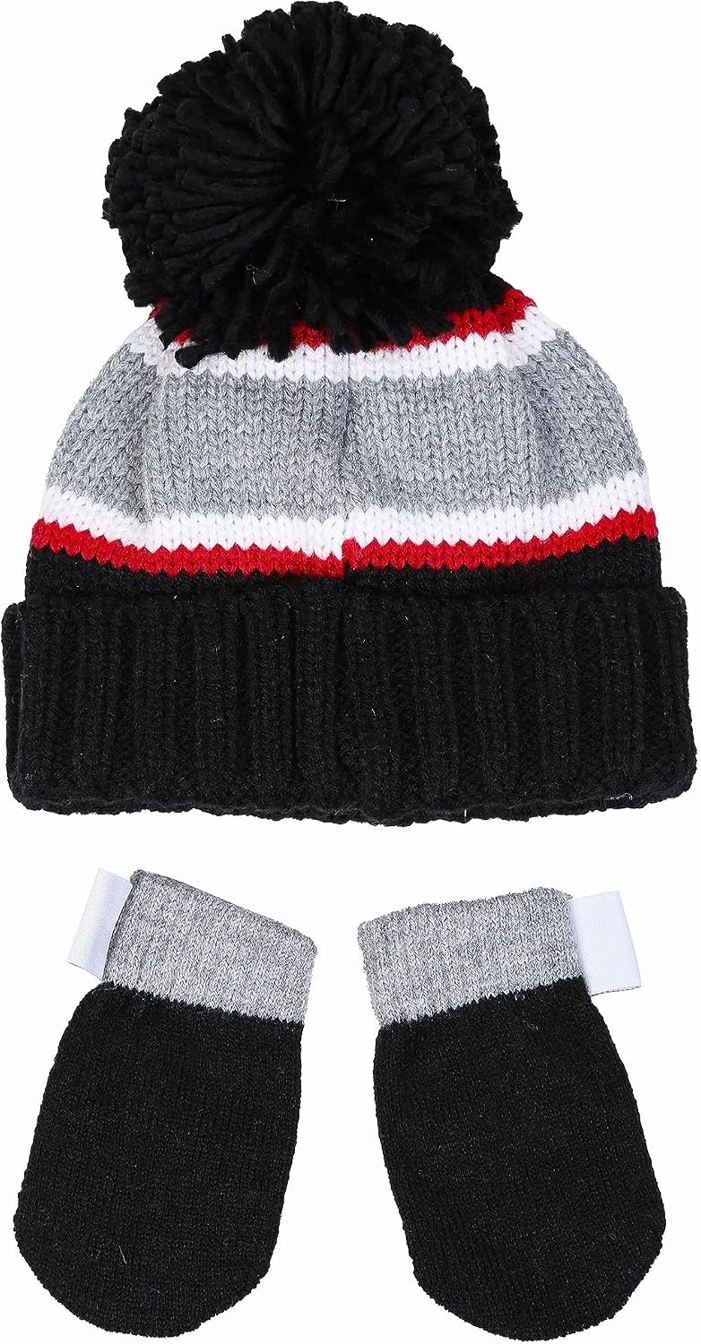 image:imageReebok 2Piece BabyToddler Winter Hat and Mittens Set Warm Knitted Pom Beanie amp Gloves Kids Cozy Cold Weather AccessoriesBlackRed