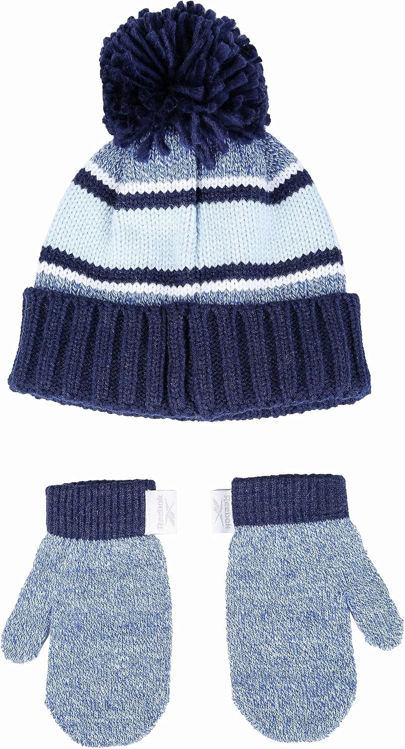 image:imageReebok 2Piece BabyToddler Winter Hat and Mittens Set Warm Knitted Pom Beanie amp Gloves Kids Cozy Cold Weather AccessoriesVector NavyLight Blue