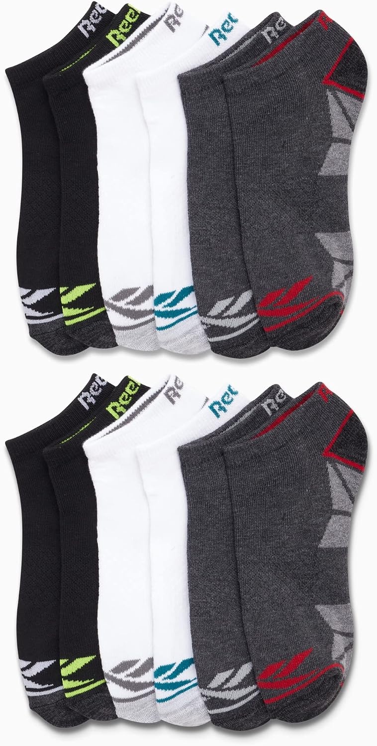image:imageReebok Boys Low Cut Socks 12 Pack Cushioned Athletic No Show Socks Stretch Performance Fit with MoistureWicking Breathable Comfort Reinforced Heel and Toe for Active DaysWhiteGreyBlack