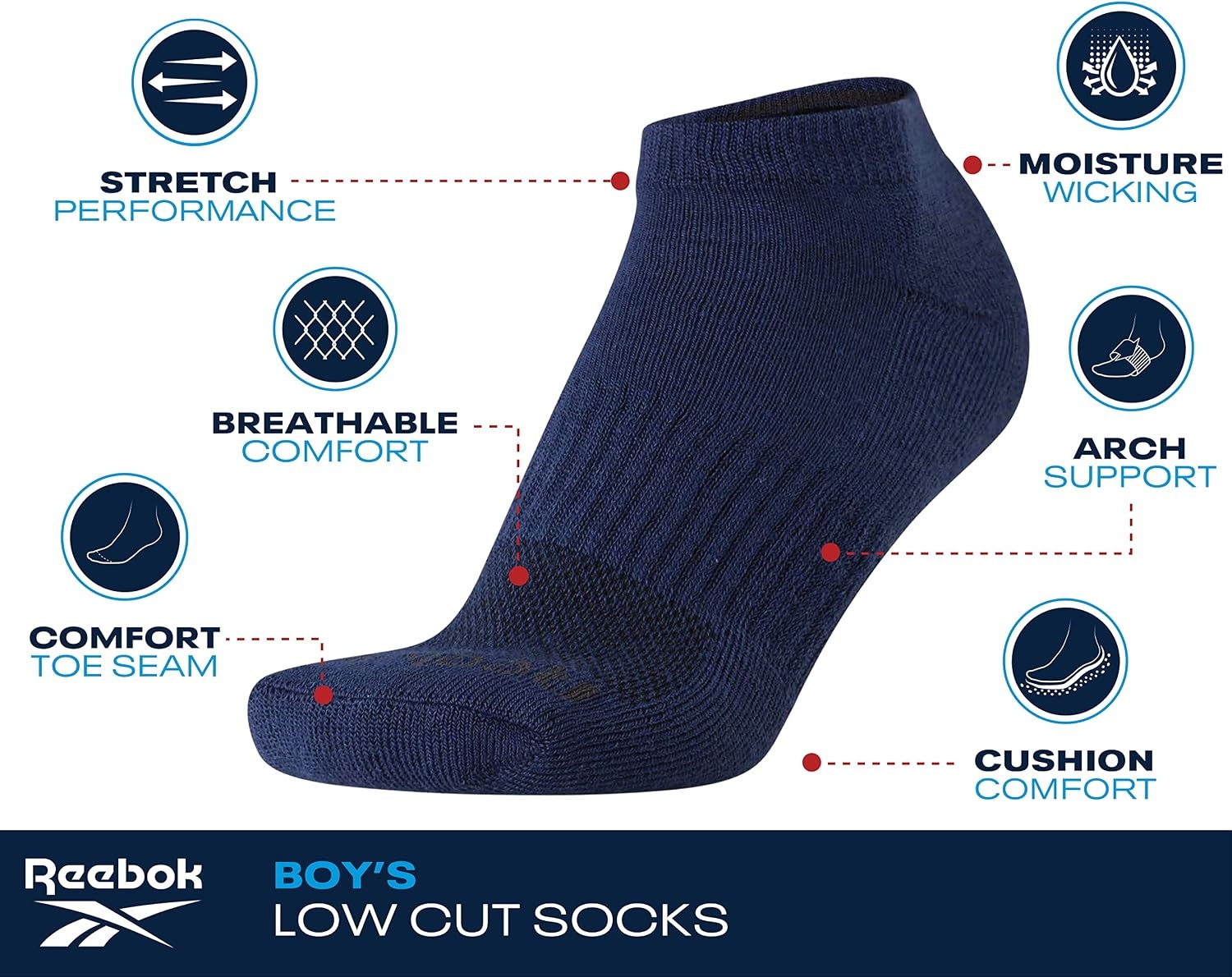 image:imageReebok Boys Low Cut Socks 6Pack MoistureWicking Cushioned Ankle Socks Breathable Cushioned Comfort with a Stretch Performance Fit and Reinforced Toe Seam for Sports or Everyday WearWhite Logo