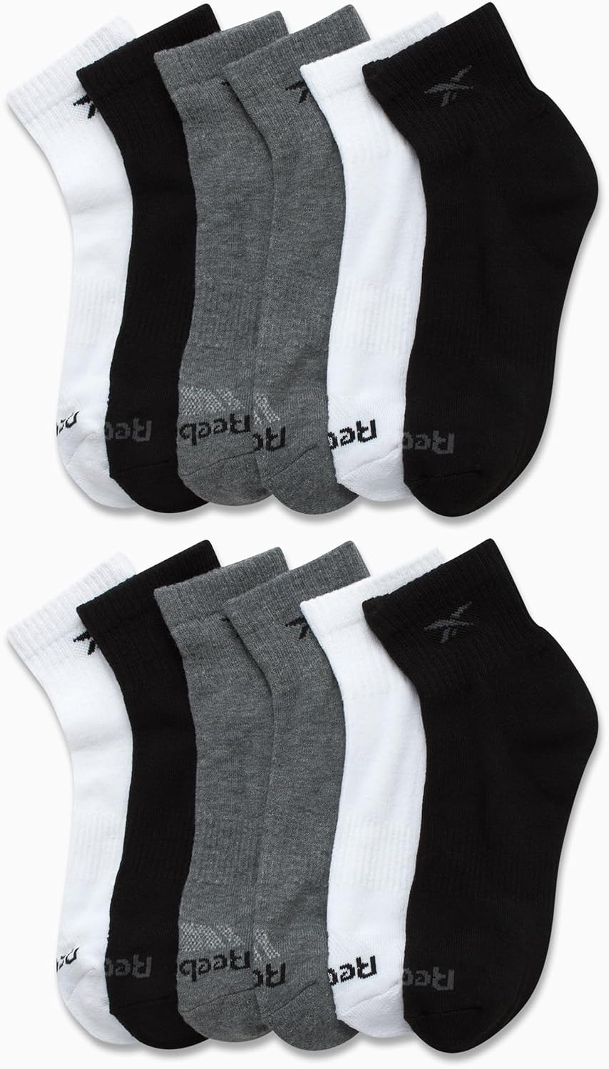 image:imageReebok Boys Quarter Socks 12Pack Cushioned Athletic Socks wArch Support MoistureWicking Breathable Fabric with a Reinforced Toe Seam Built for AllDay Active WearBlackWhiteGrey