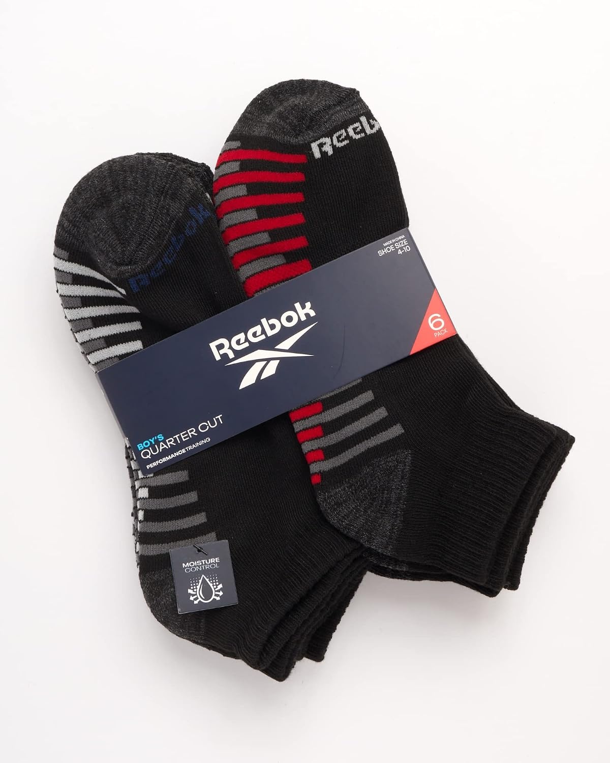 image:imageReebok Boys Quarter Socks 6 Pack Performance Quarter Cut Athletic Socks Breathable Moisturewicking Fabric Cushioned Footbed Eases Fatigue Arch Support Locks in FitBlack Detail