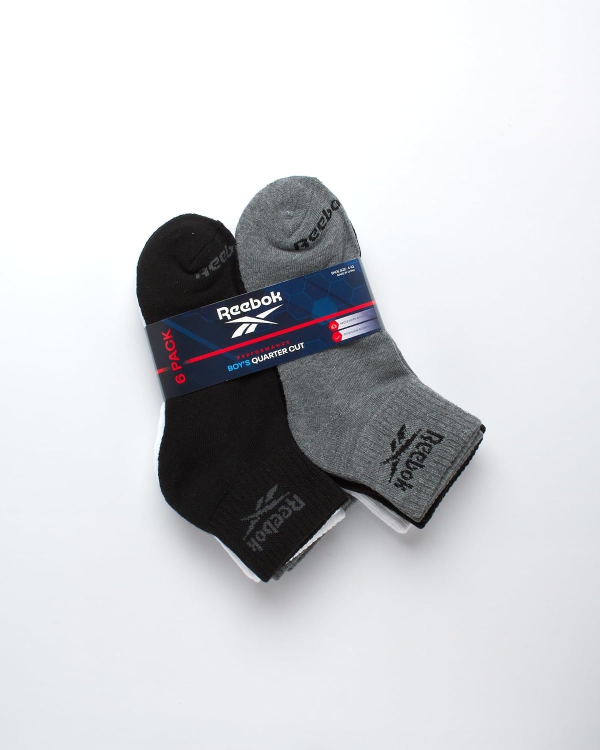 image:imageReebok Boys Quarter Socks 6 Pack Performance Quarter Cut Athletic Socks Breathable Moisturewicking Fabric Cushioned Footbed Eases Fatigue Arch Support Locks in FitBlackGreyWhite
