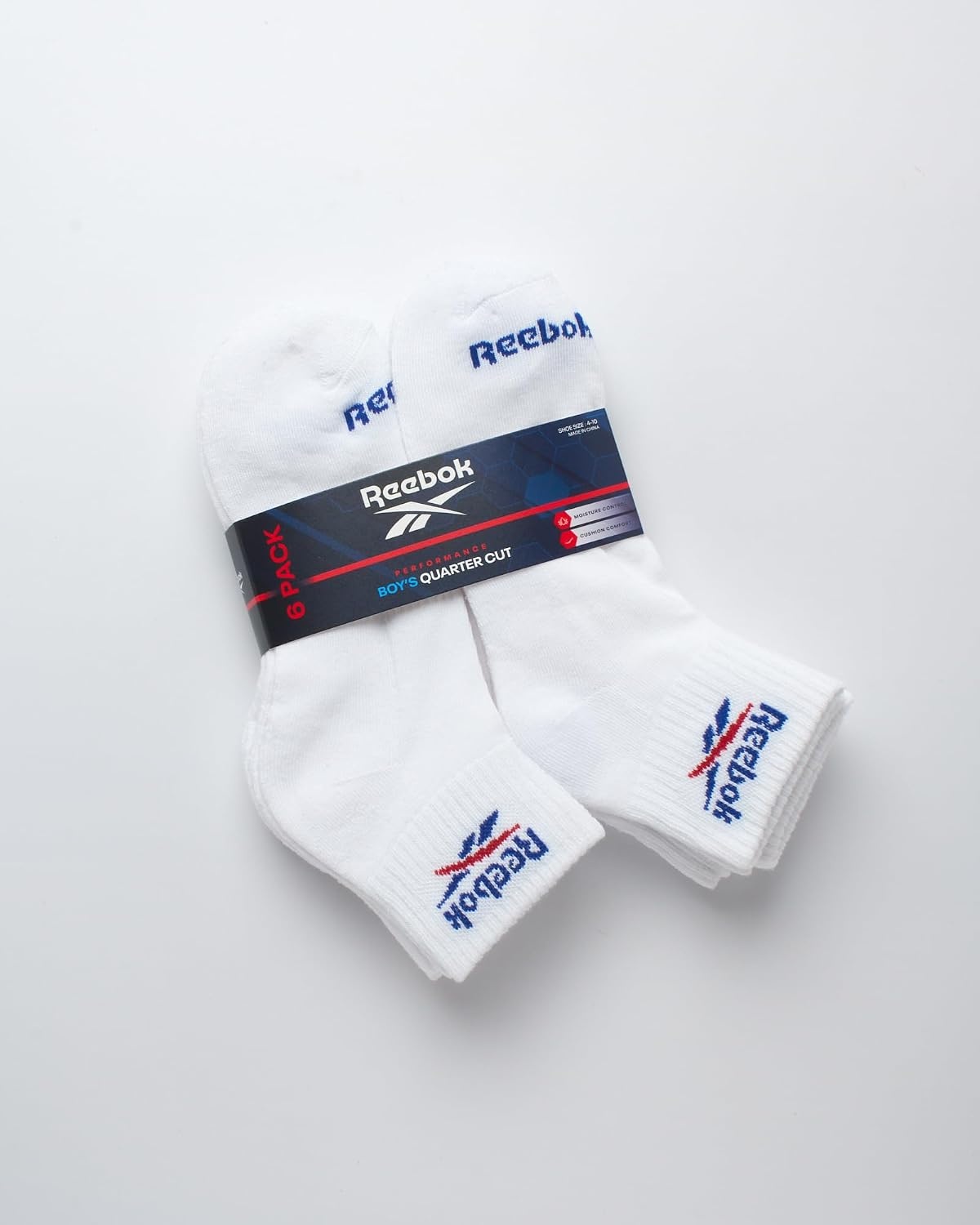 image:imageReebok Boys Quarter Socks 6 Pack Performance Quarter Cut Athletic Socks Breathable Moisturewicking Fabric Cushioned Footbed Eases Fatigue Arch Support Locks in FitWhite Logo