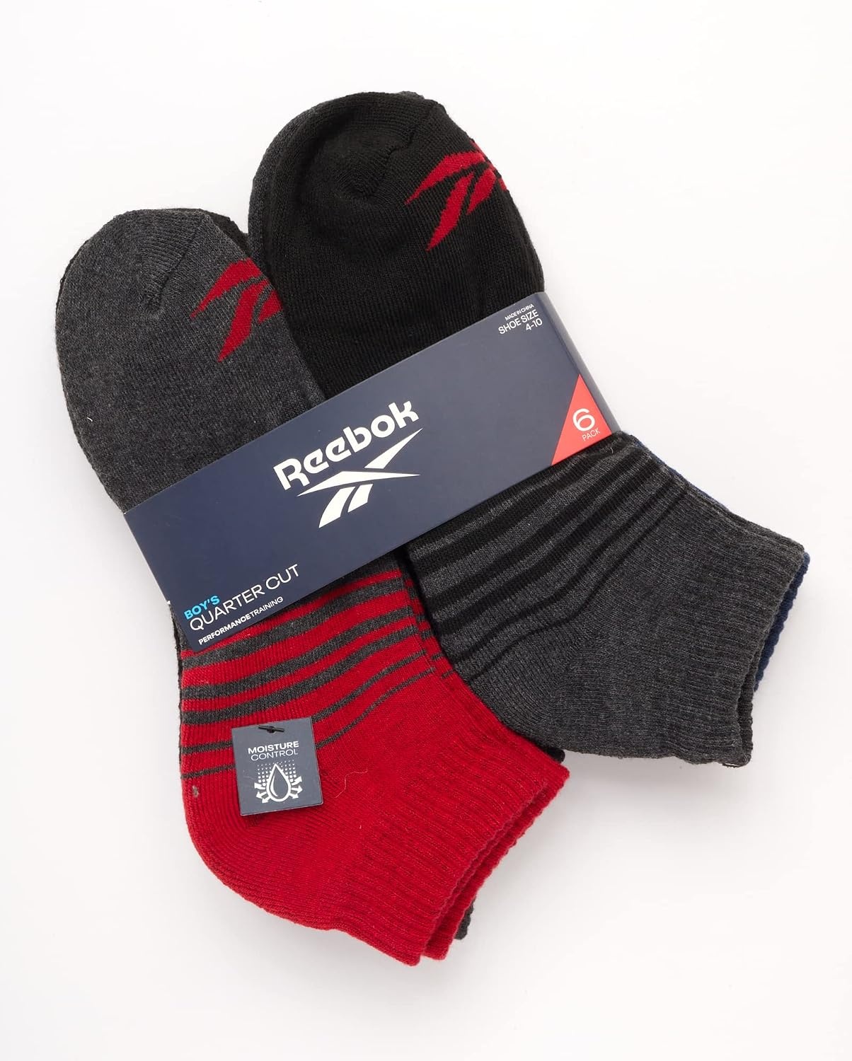 image:imageReebok Boys Quarter Socks 6 Pack Performance Quarter Cut Athletic Socks Breathable Moisturewicking Fabric Cushioned Footbed Eases Fatigue Arch Support Locks in FitBlackGreyRed