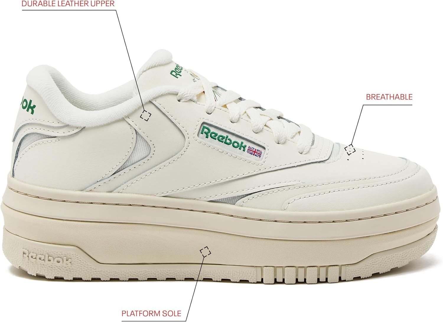 image:imageReebok Club C Extra Platform Sneakers for Women White Casual Tennis Womens Fashion Sneakers Womens Shoes Size 5 to 11ChalkChalkGlen Green