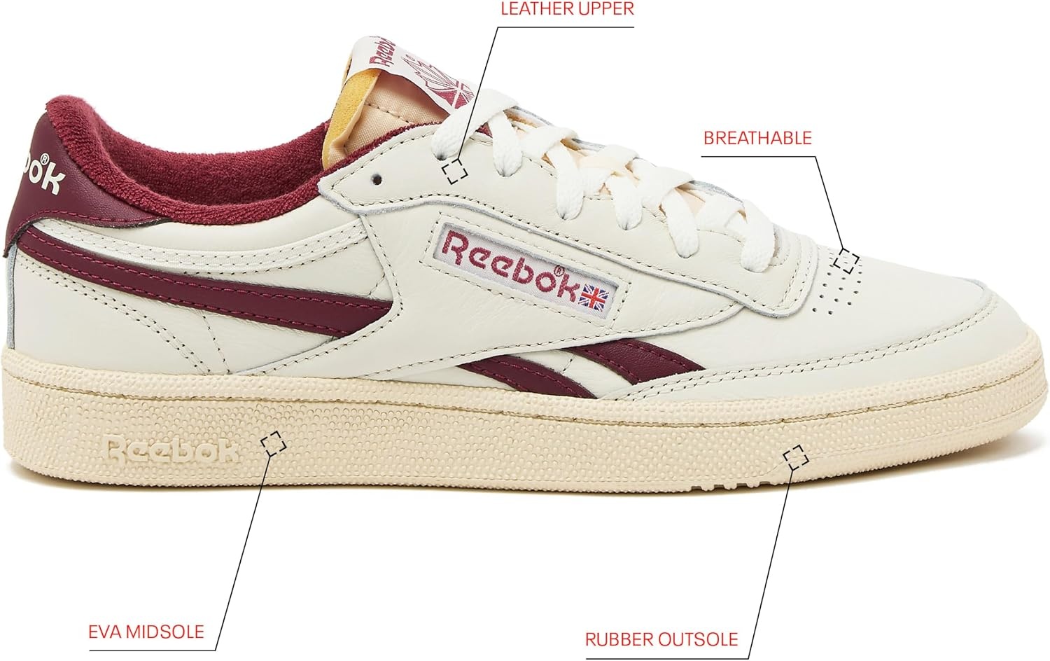 image:imageReebok Club C Revenge Vintage Sneakers for Men Casual Tennis Mens ShoesVintage ChalkPaper WhiteClassic Burgundy
