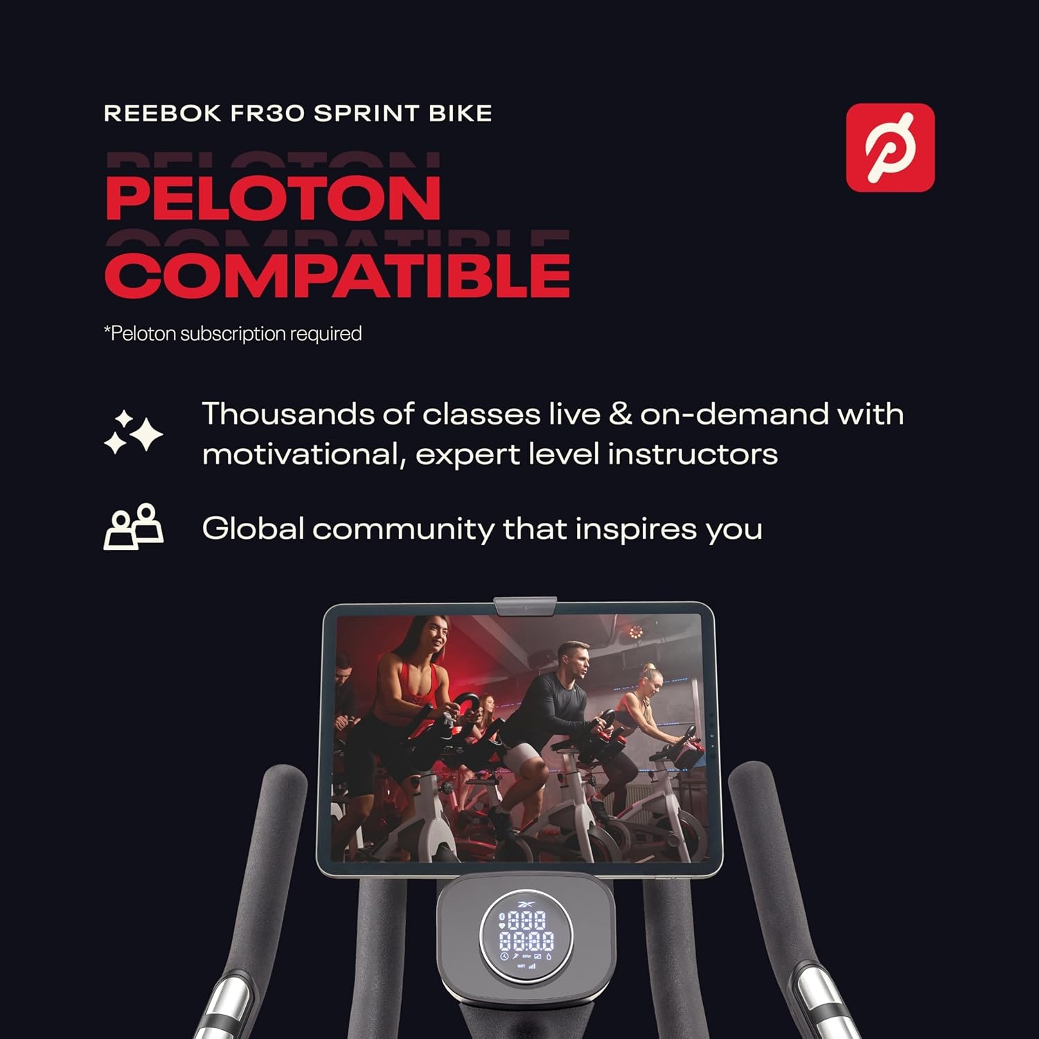 image:imageReebok FR30 Sprint Bike Bluetooth Compatible Stationary Bike 32 Resistance Levels Adjustable SaddleStraps Exercise Bike with TabletPhone Holder