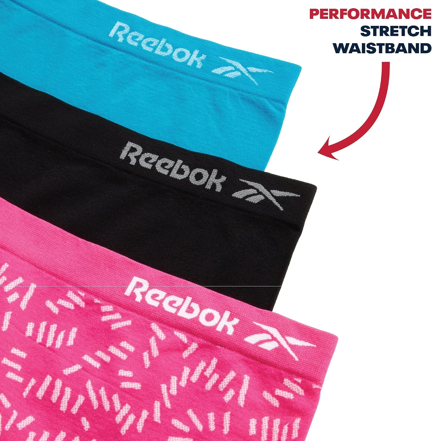 image:imageReebok Girls Boyshorts 3 Pack Soft Stretch Seamless TagFree Waist Soft Flexible Comfort Designed for Everyday Movement Smooth Finish Stays Comfortable Under ClothingScubaBlackBright Pink Jacquard