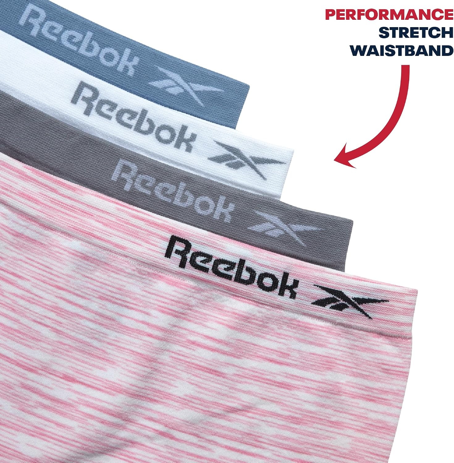 image:imageReebok Girls Boyshorts 4 Pack Performance Stretch Seamless Underwear Soft Easy Coverage for School Play and Lounging Smooth Fit Flexes Through Sports and SleepoversSteel GreyFaded DenimWhiteWhite Spacedye