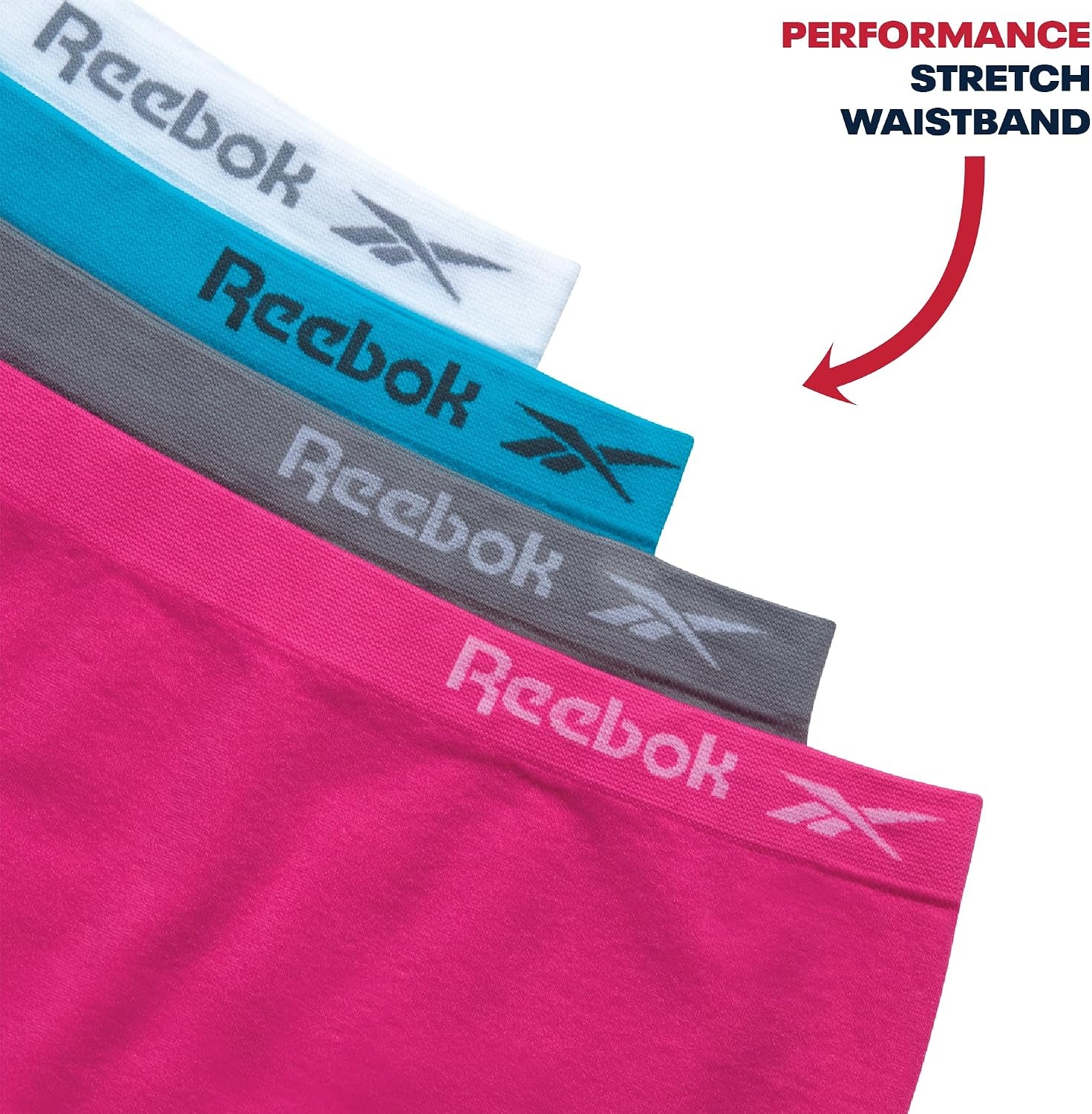 image:imageReebok Girls Boyshorts 4 Pack Performance Stretch Seamless Underwear Soft Easy Coverage for School Play and Lounging Smooth Fit Flexes Through Sports and SleepoversSteel GreyCarmine RoseScuba BlueWhite