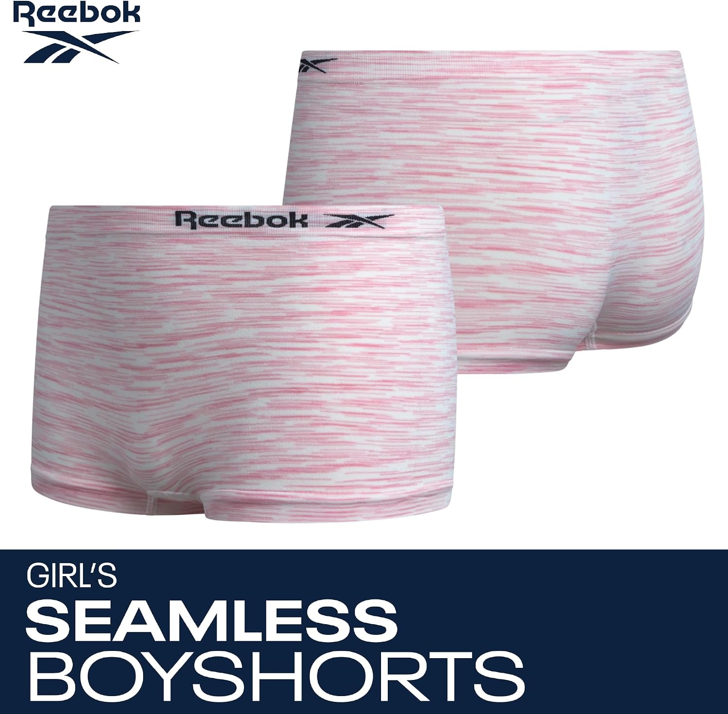 image:imageReebok Girls Boyshorts 4 Pack Performance Stretch Seamless Underwear Soft Easy Coverage for School Play and Lounging Smooth Fit Flexes Through Sports and SleepoversSteel GreyFaded DenimWhiteWhite Spacedye