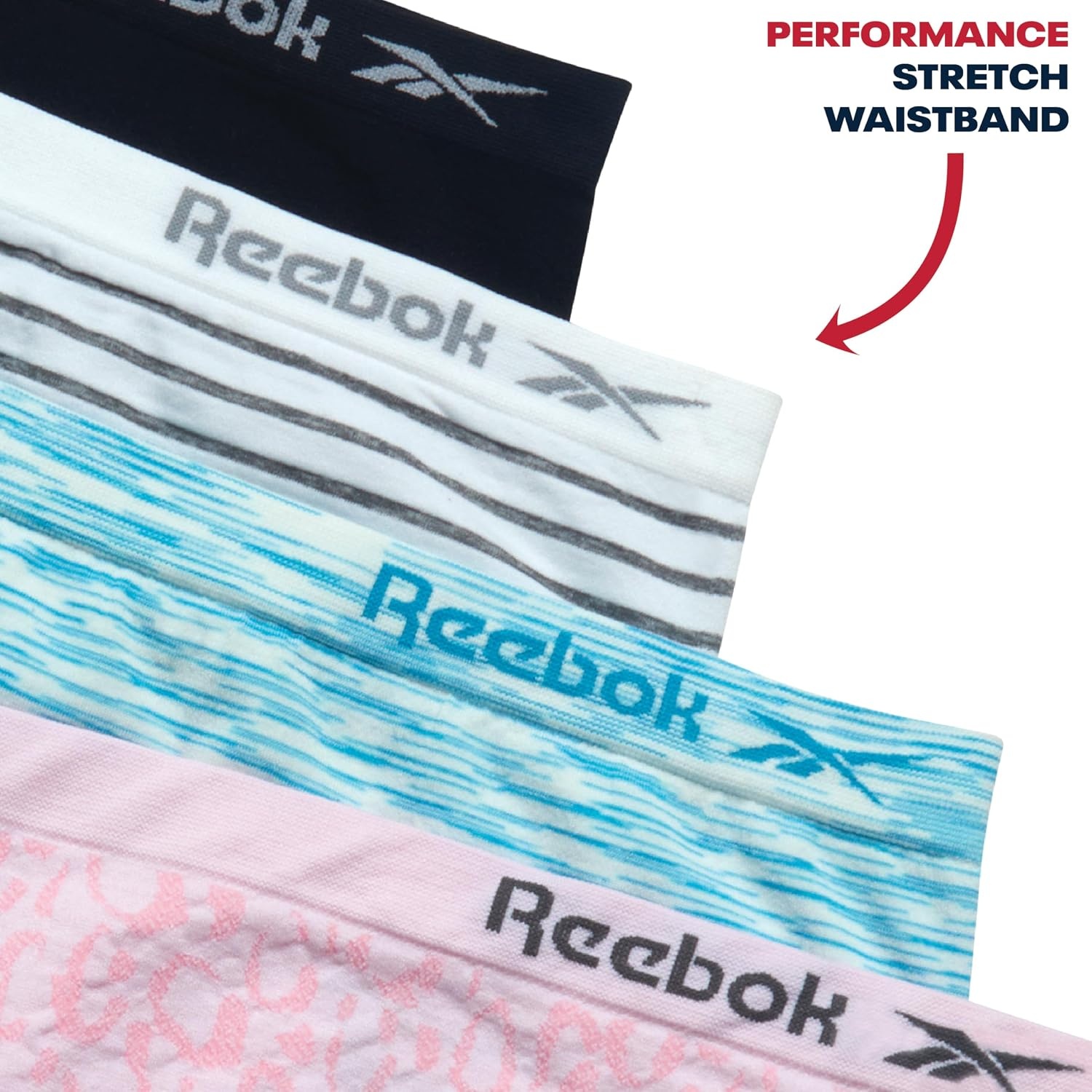 image:imageReebok Girls Hipster Panties 4 Pack Soft Stretch Seamless Underwear Smooth Flexible Fabric with a TagFree Design for IrritationFree Comfort Secure Fit Without Pinching or DiggingPink JacquardScuba Blue SpacedyeWhite StripeBlack