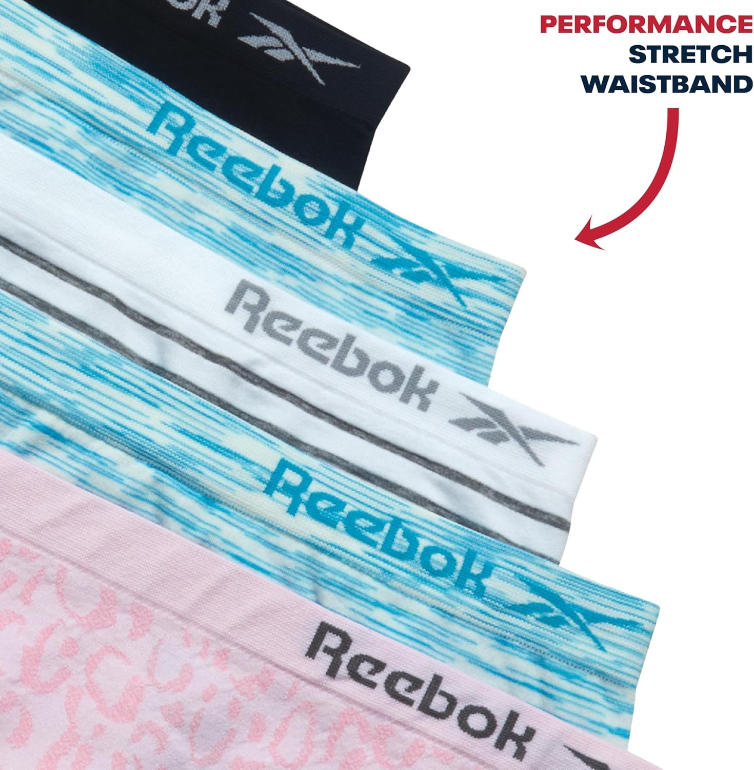 image:imageReebok Girls Hipster Panties 5 Pack Soft Stretch Seamless Underwear Breathable MoistureWicking Fabric Keeps Her Fresh and Confident Everyday Smooth Comfort in Every MovePink JacquardScuba Blue SpacedyeWhite StripeBlack