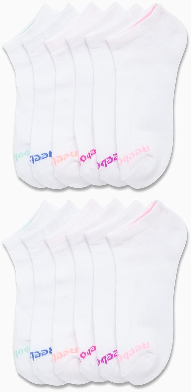 image:imageReebok Girls No Show Socks 12 Pack Performance Cushion Comfort Active Socks Moisturewicking Fabric Seamless Toe Snug Ribbed Cuff Flexible Stretch Fit Machine WashableWhite Logo