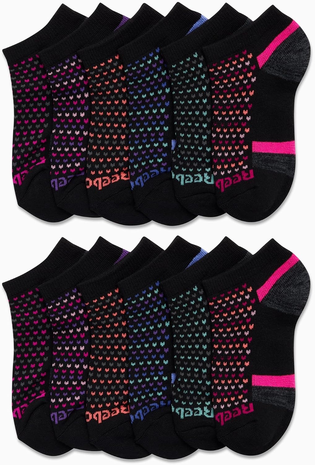 image:imageReebok Girls No Show Socks 12 Pack Performance Cushion Comfort Active Socks Moisturewicking Fabric Seamless Toe Snug Ribbed Cuff Flexible Stretch Fit Machine WashableBlack Multi