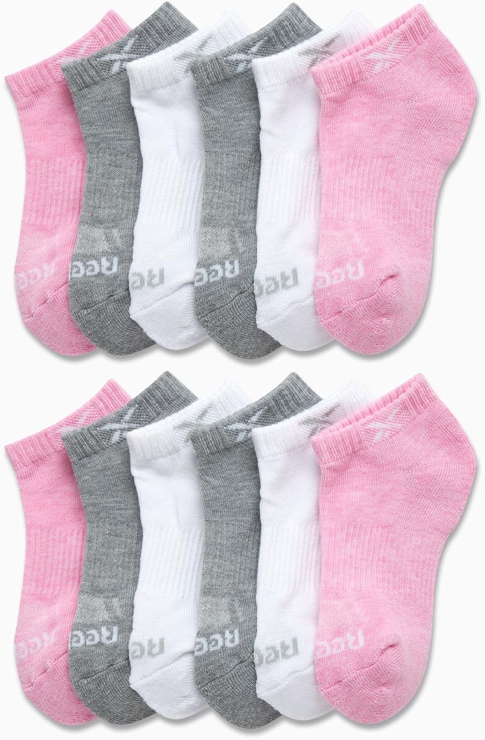 image:imageReebok Girls No Show Socks 12 Pack Performance Cushion Comfort Active Socks Moisturewicking Fabric Seamless Toe Snug Ribbed Cuff Flexible Stretch Fit Machine WashablePinkWhiteGrey