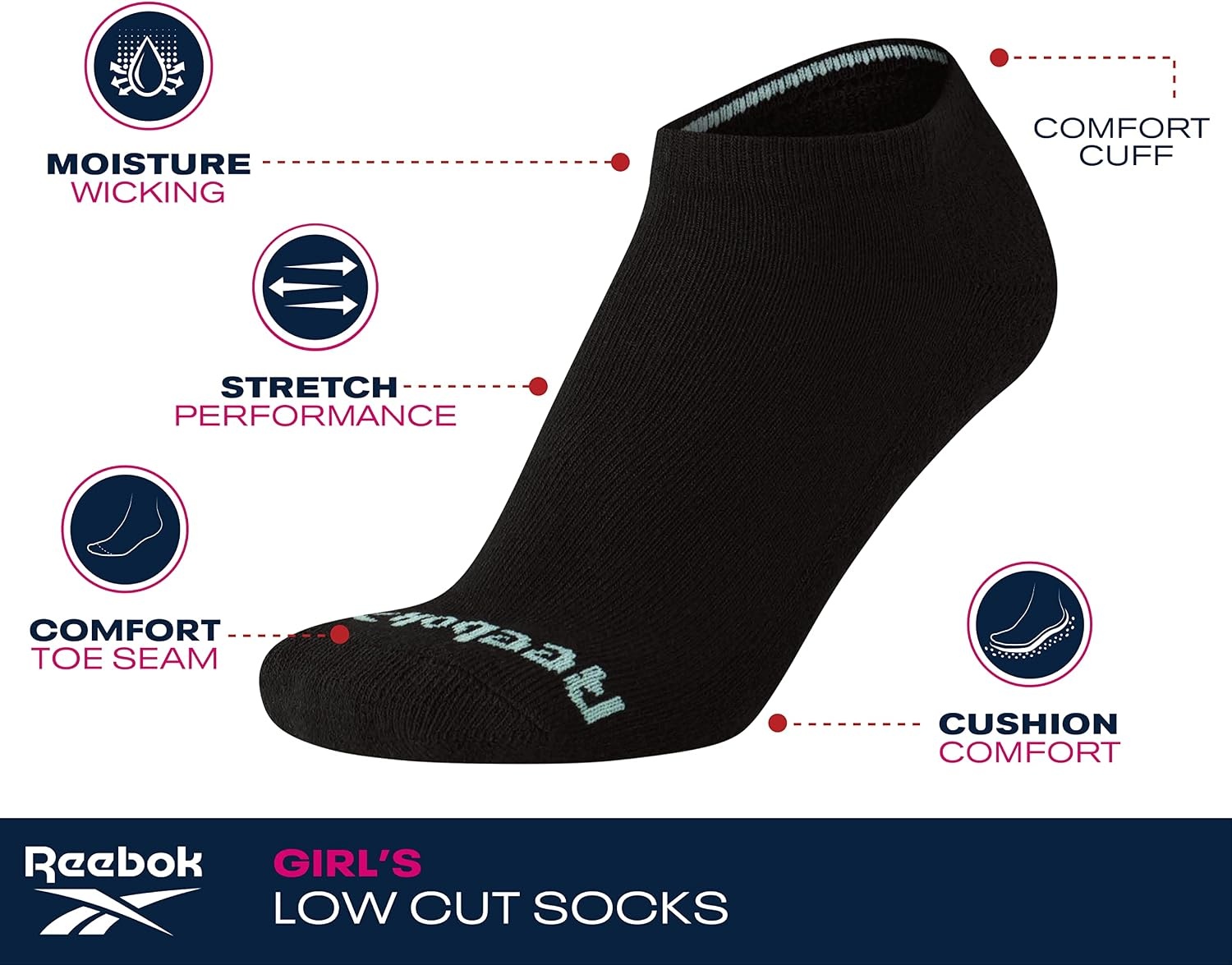 image:imageReebok Girls No Show Socks 12 Pack Performance Cushion Comfort Active Socks Moisturewicking Fabric Seamless Toe Snug Ribbed Cuff Flexible Stretch Fit Machine WashableBlack Multi