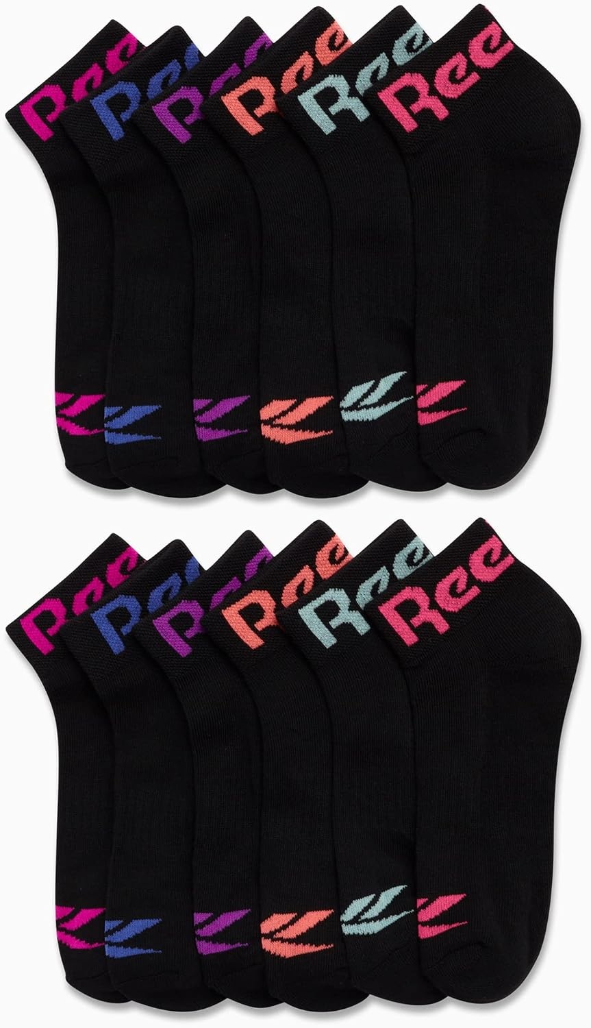 image:imageReebok Girls Quarter Socks 12 Pack Quarter Cut Arch Support Athletic Socks Stretchfit Knit Contours to Feet Moisturewicking Fabric Seamless Toe Closure Cushioned HeelBlack Logo
