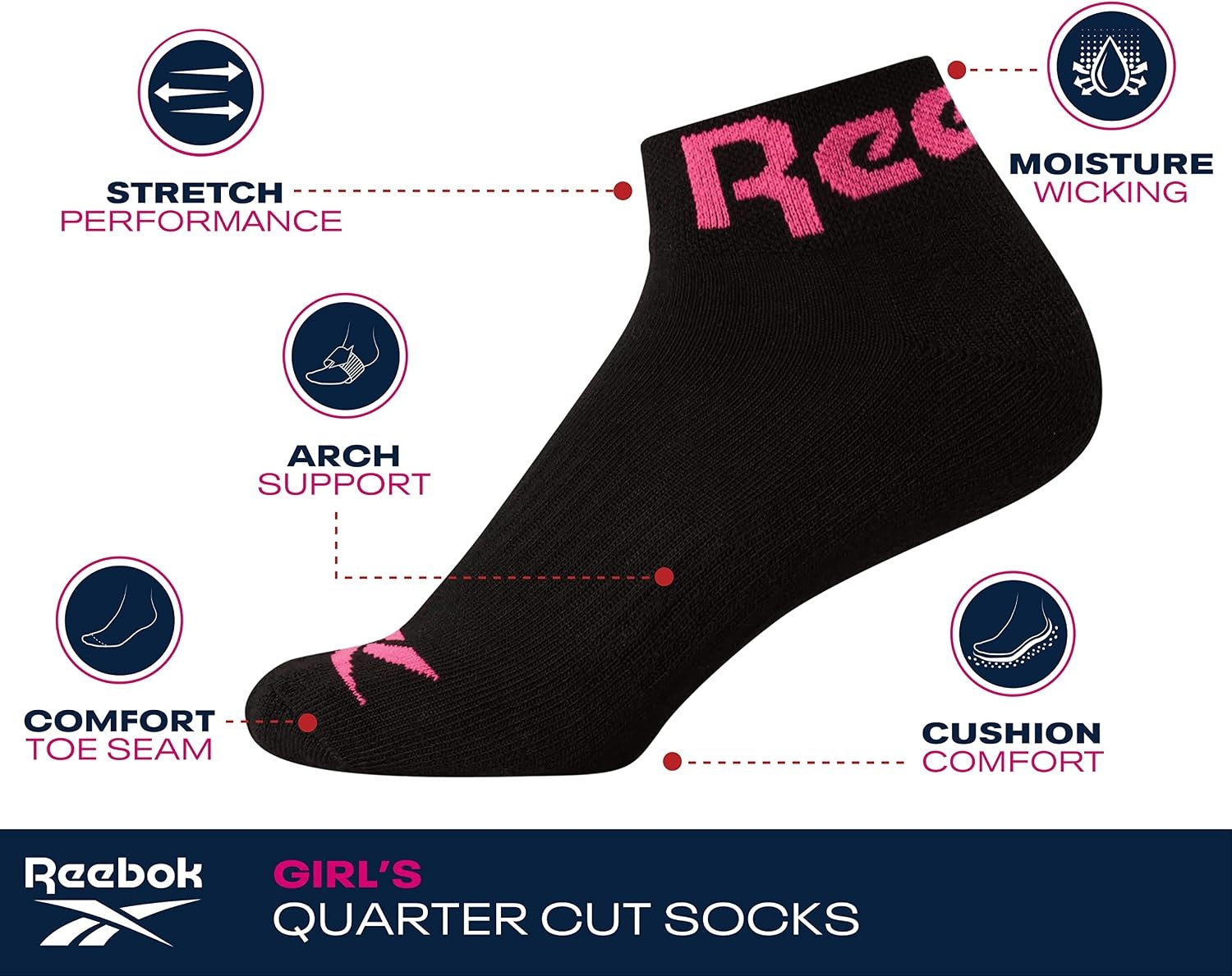 image:imageReebok Girls Quarter Socks 12 Pack Quarter Cut Arch Support Athletic Socks Stretchfit Knit Contours to Feet Moisturewicking Fabric Seamless Toe Closure Cushioned HeelBlackWhiteGrey