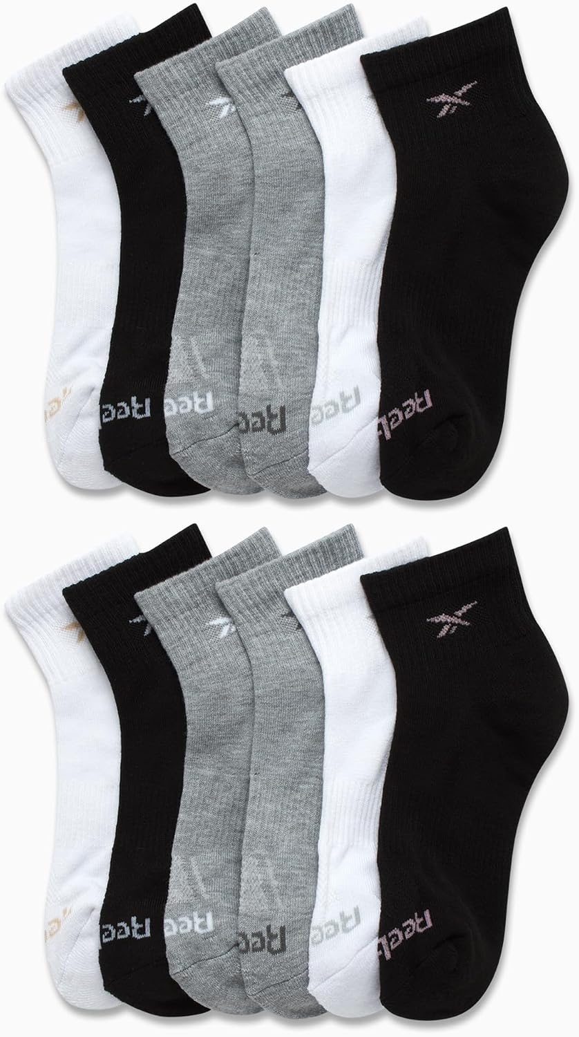 image:imageReebok Girls Quarter Socks 12 Pack Quarter Cut Arch Support Athletic Socks Stretchfit Knit Contours to Feet Moisturewicking Fabric Seamless Toe Closure Cushioned HeelBlackWhiteGrey
