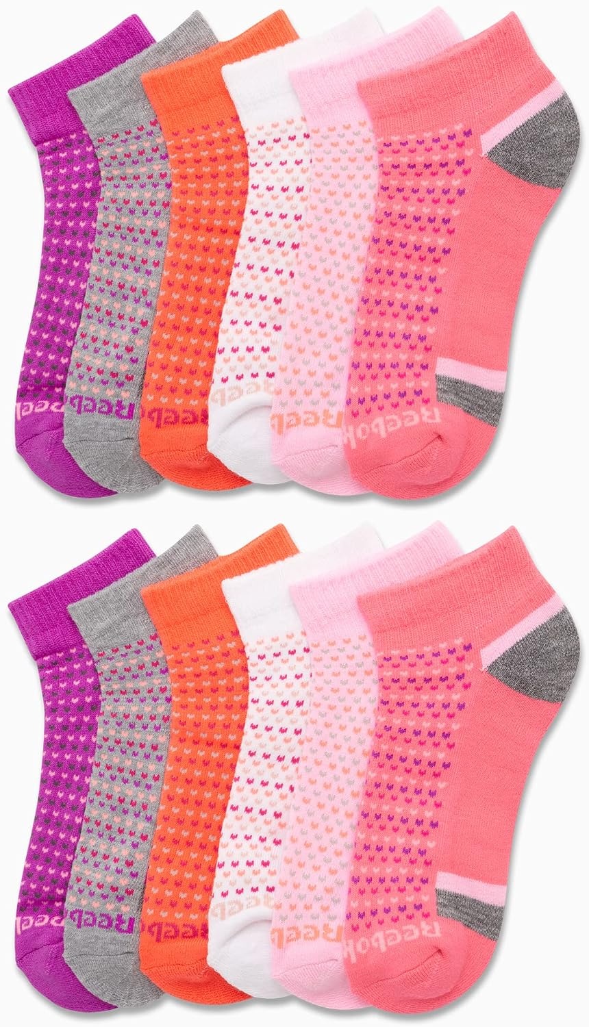 image:imageReebok Girls Quarter Socks 12 Pack Quarter Cut Arch Support Athletic Socks Stretchfit Knit Contours to Feet Moisturewicking Fabric Seamless Toe Closure Cushioned HeelPink Assorted