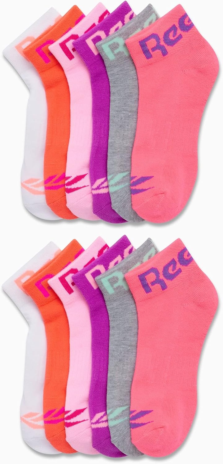 image:imageReebok Girls Quarter Socks 12 Pack Quarter Cut Arch Support Athletic Socks Stretchfit Knit Contours to Feet Moisturewicking Fabric Seamless Toe Closure Cushioned HeelPink Multi