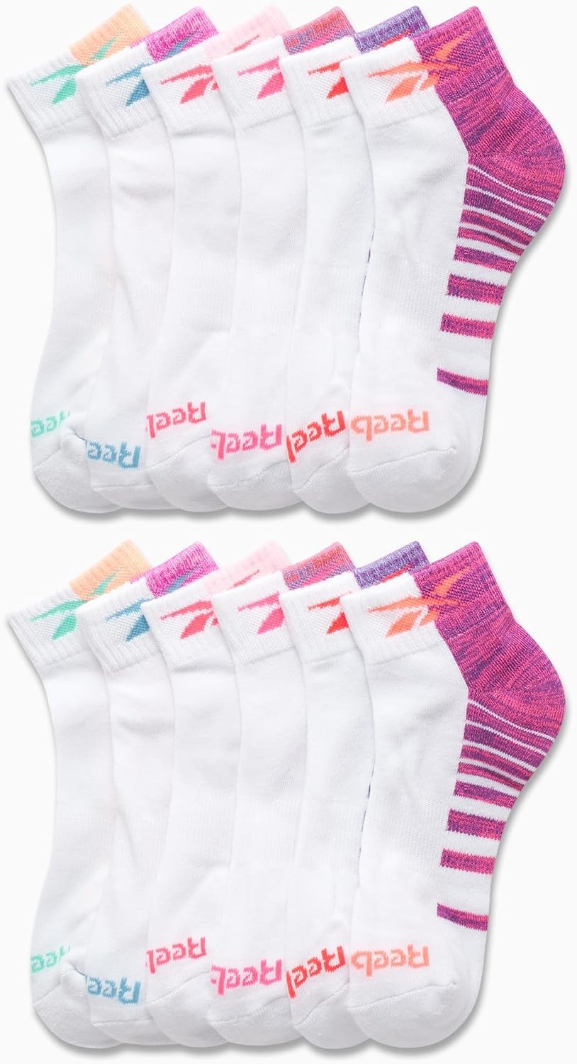 image:imageReebok Girls Quarter Socks 12 Pack Quarter Cut Arch Support Athletic Socks Stretchfit Knit Contours to Feet Moisturewicking Fabric Seamless Toe Closure Cushioned HeelWhite Stripe
