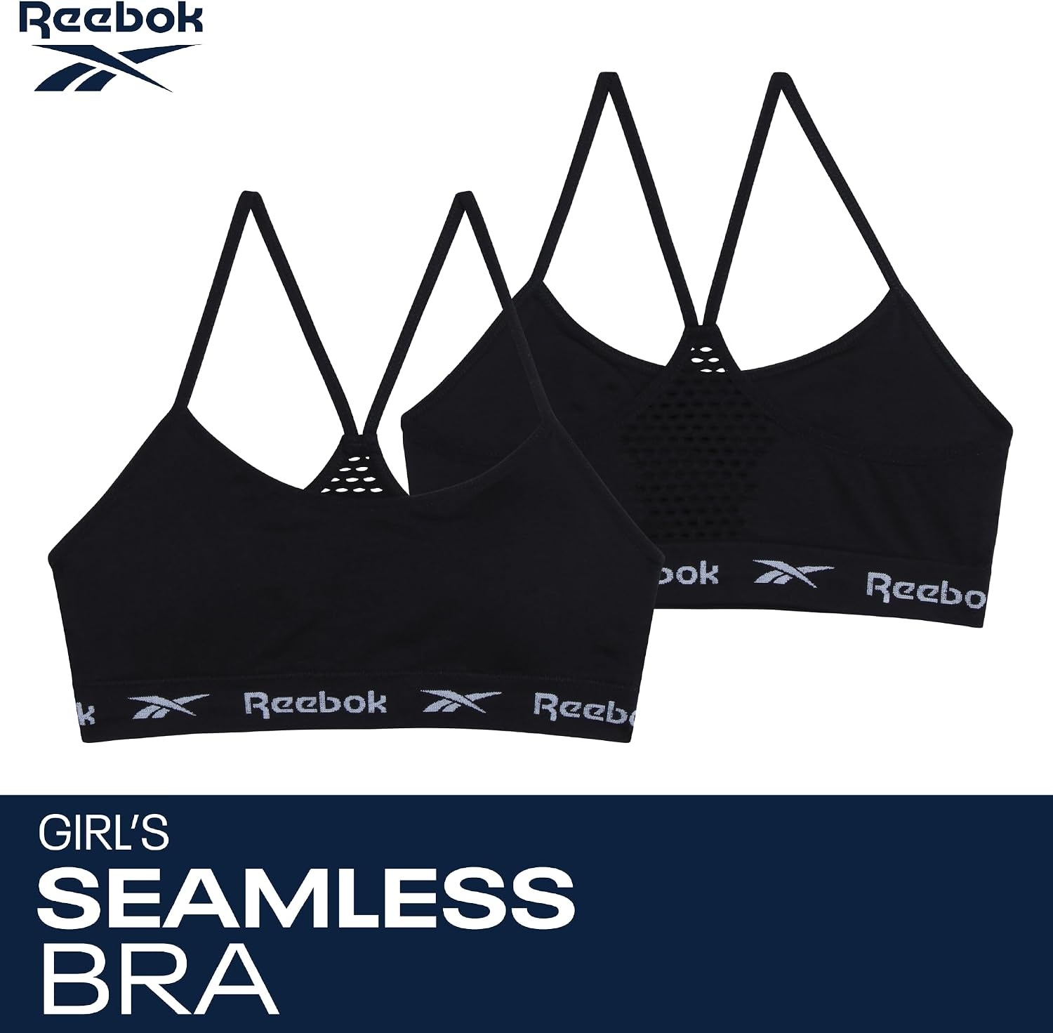 image:imageReebok Girls Training Bras 2 Pack Racerback Bralettes Removable Pads SuperSoft Fabric with a Sporty RacerStyle Back Fit Stays Comfortably in Place Through Dance Gym and PlayBlackGrey