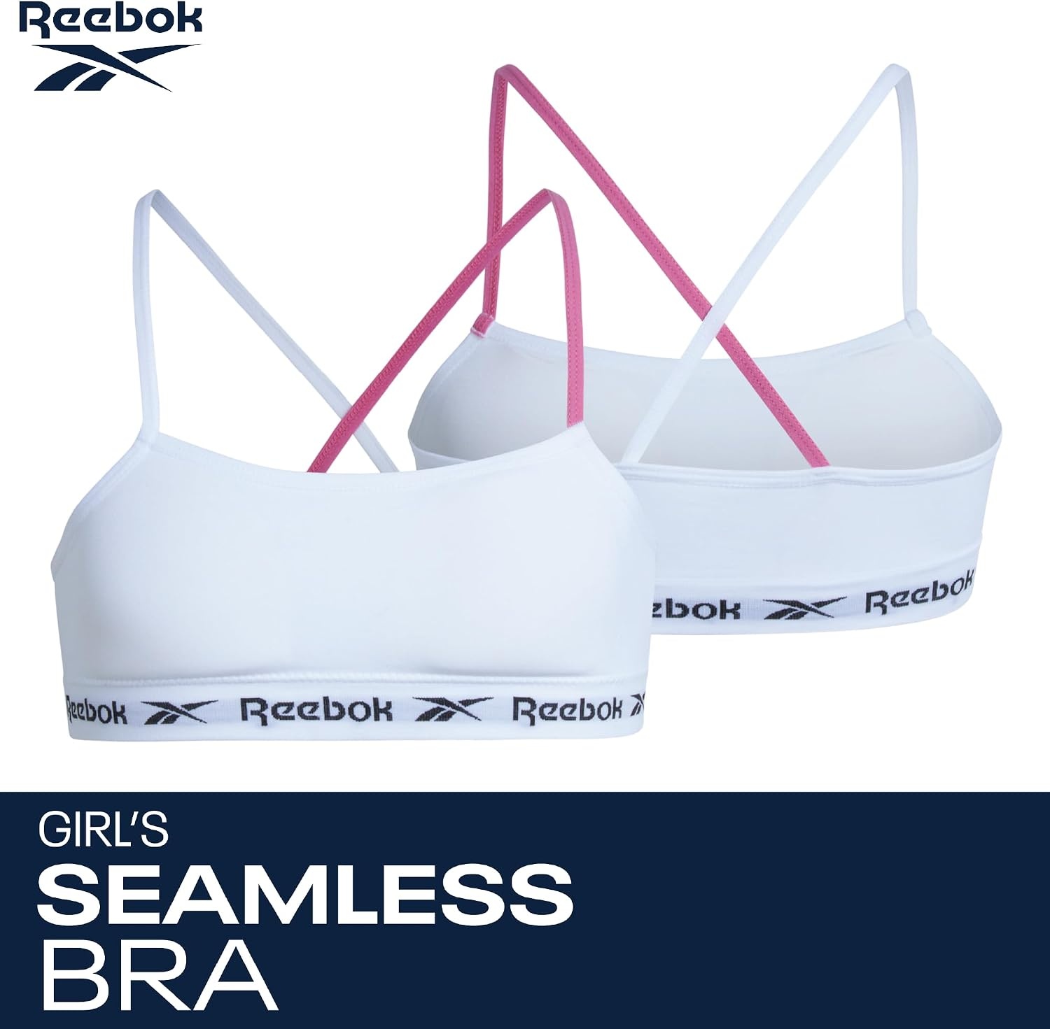 image:imageReebok Girls Training Bras 2 Pack Racerback Bralettes Removable Pads SuperSoft Fabric with a Sporty RacerStyle Back Fit Stays Comfortably in Place Through Dance Gym and PlayBlack JacquardWhite