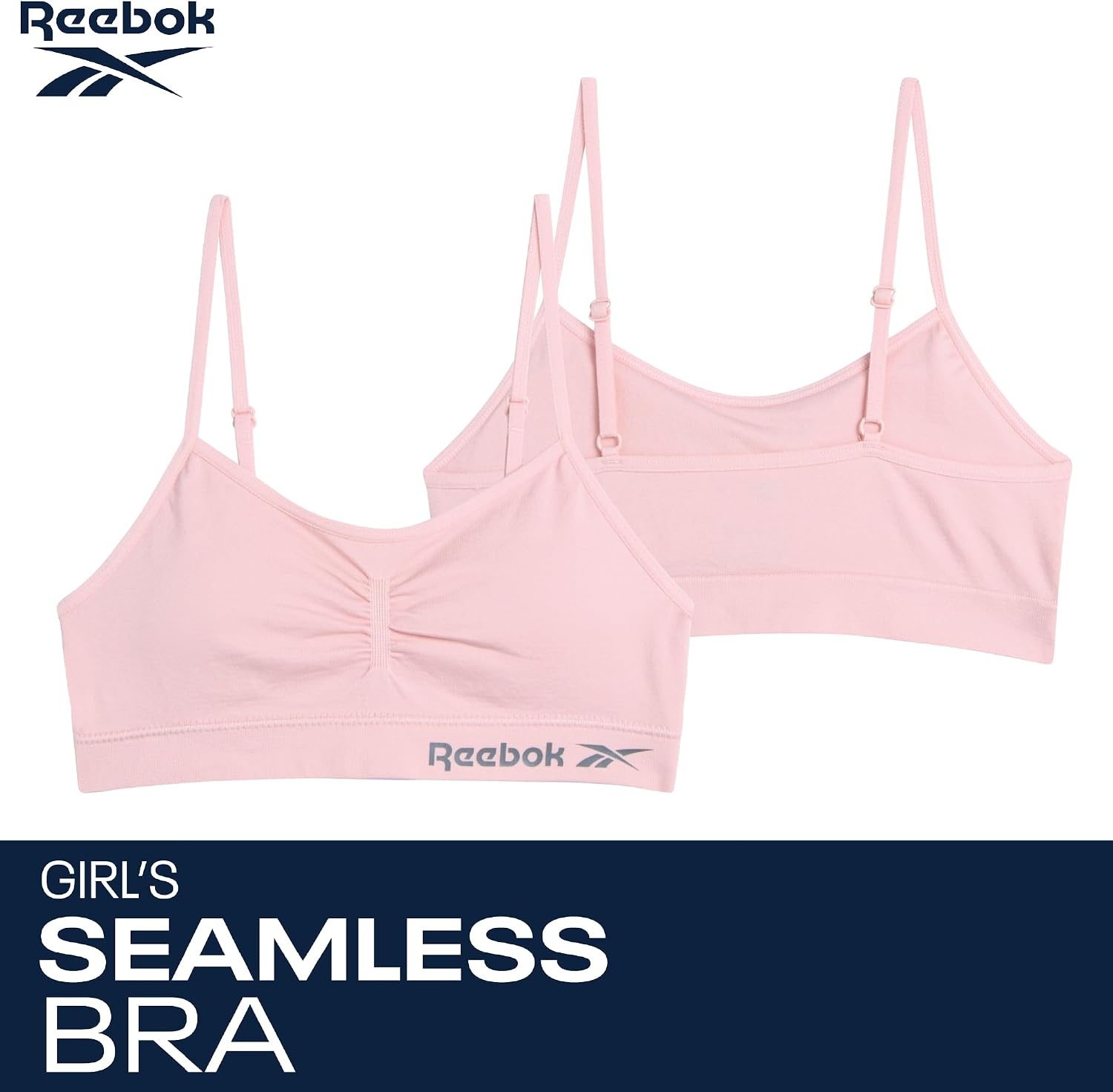 image:imageReebok Girls Training Bras 2 Pack Racerback Bralettes Removable Pads SuperSoft Fabric with a Sporty RacerStyle Back Fit Stays Comfortably in Place Through Dance Gym and PlayPinkWhite