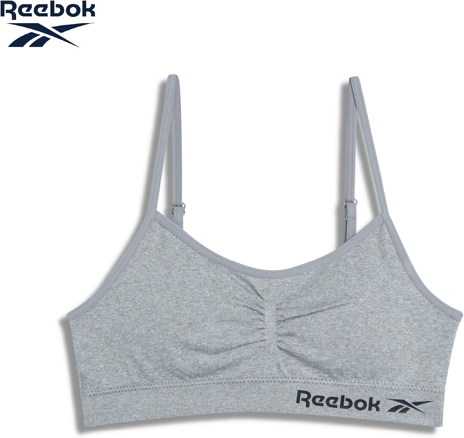 image:imageReebok Girls Training Bras 2 Pack Racerback Bralettes Removable Pads SuperSoft Fabric with a Sporty RacerStyle Back Fit Stays Comfortably in Place Through Dance Gym and PlayGreyWhite